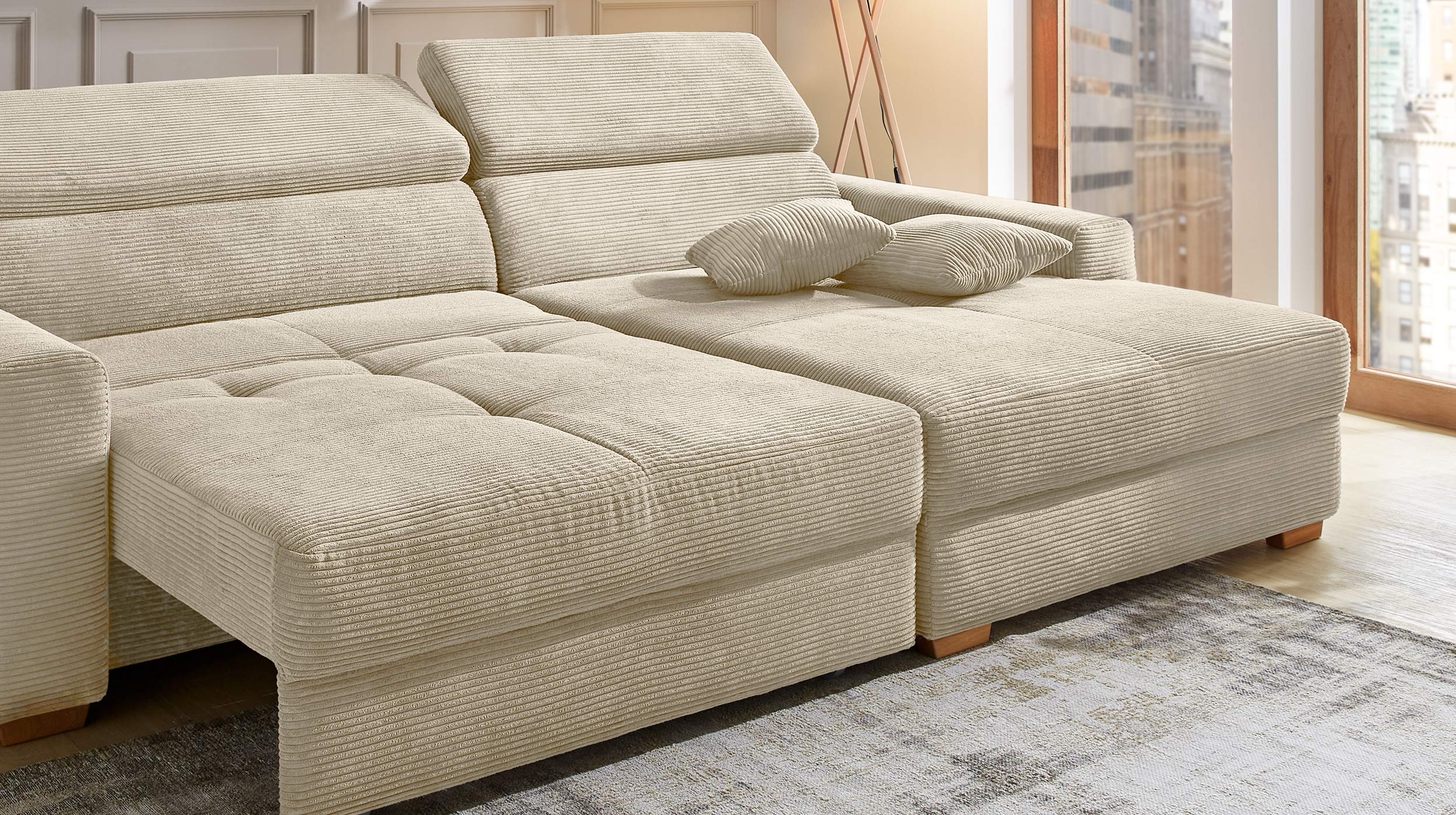 Ecksofa Cord grau-beige 277 x 187 cm mit Relaxfunktion - SLIDER