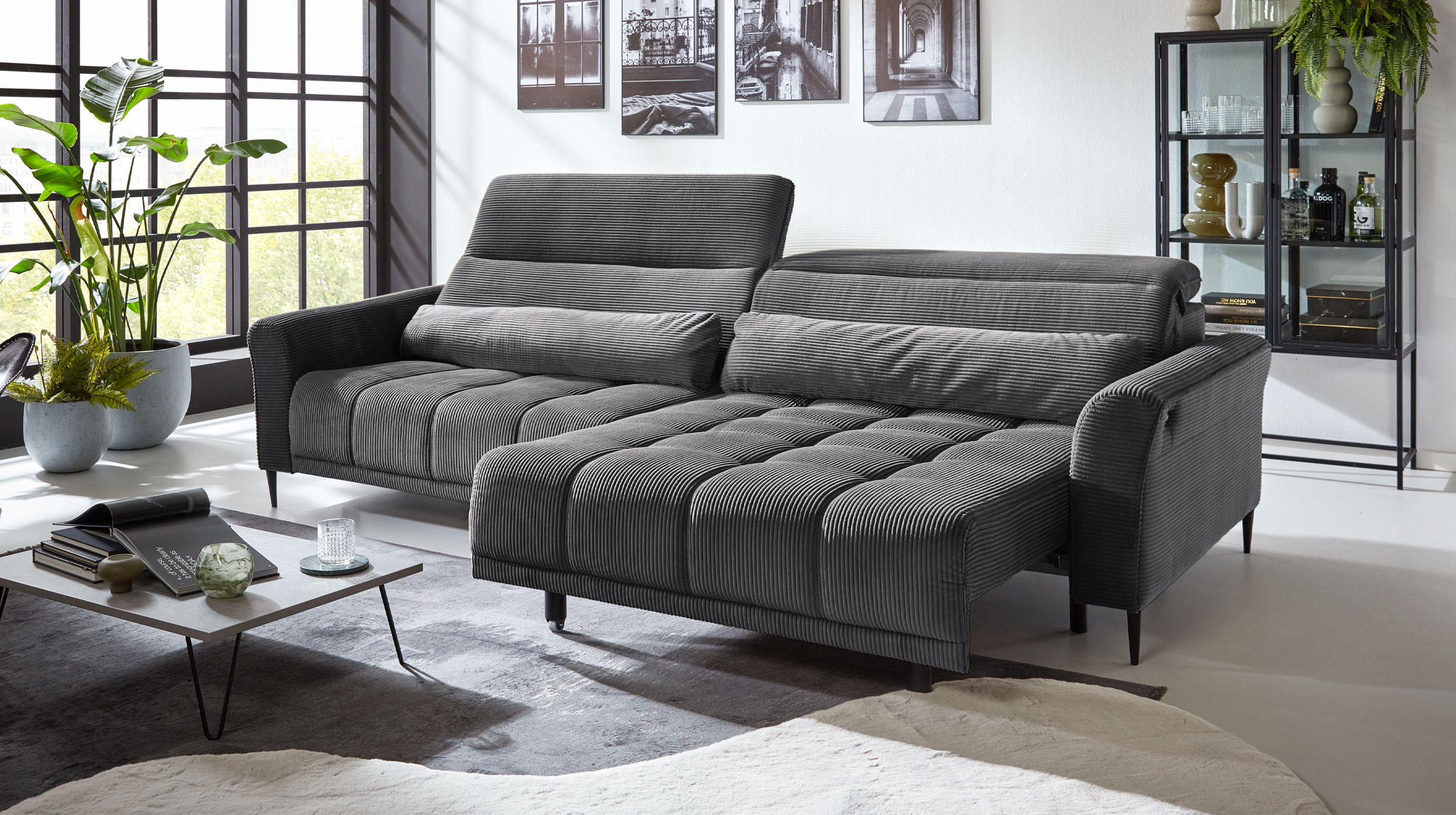 Big Sofa Cord grau ausziehbar - Sitztiefenverstellung - 280 cm - LOGAN 