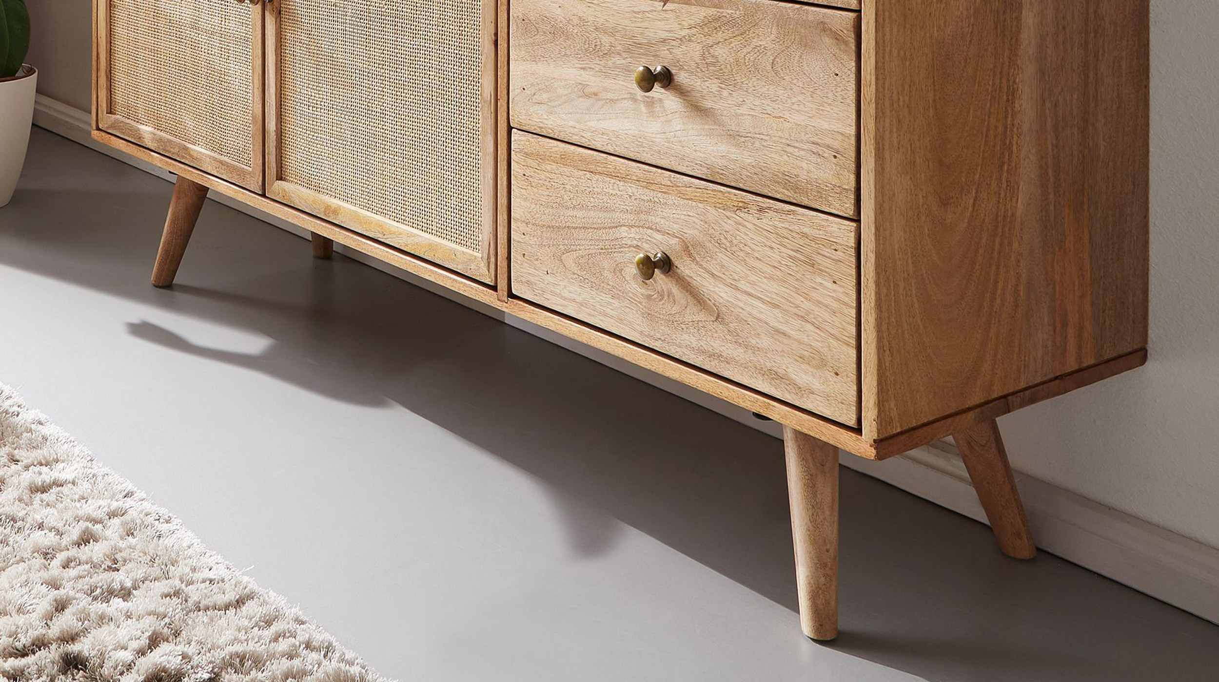 Sideboard mit 3 Schubladen Mango massiv - Rattan 140 cm - RIKARD