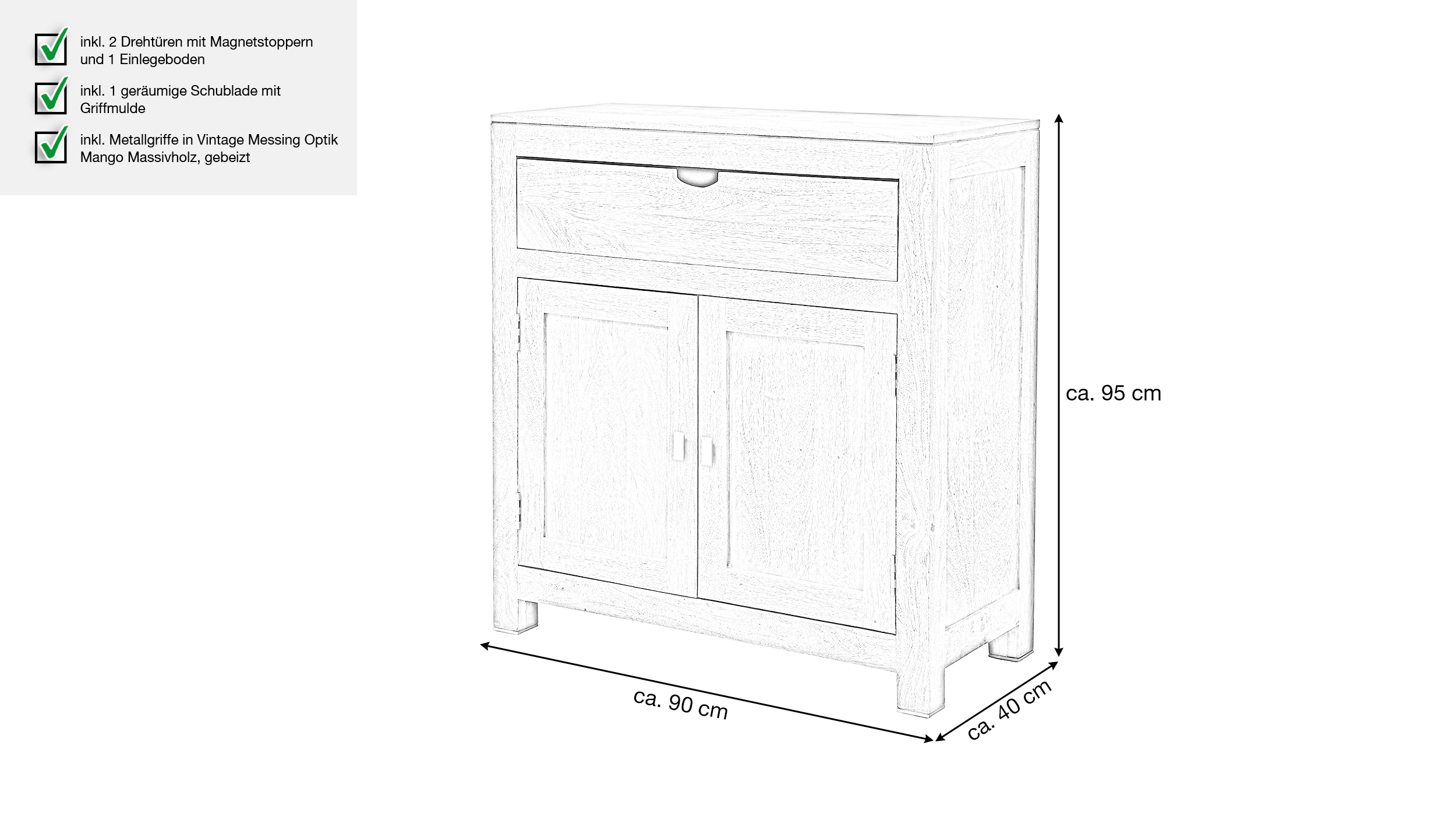 Kommode 90 cm Mango massiv gebeizt - montiert - MANGALA
