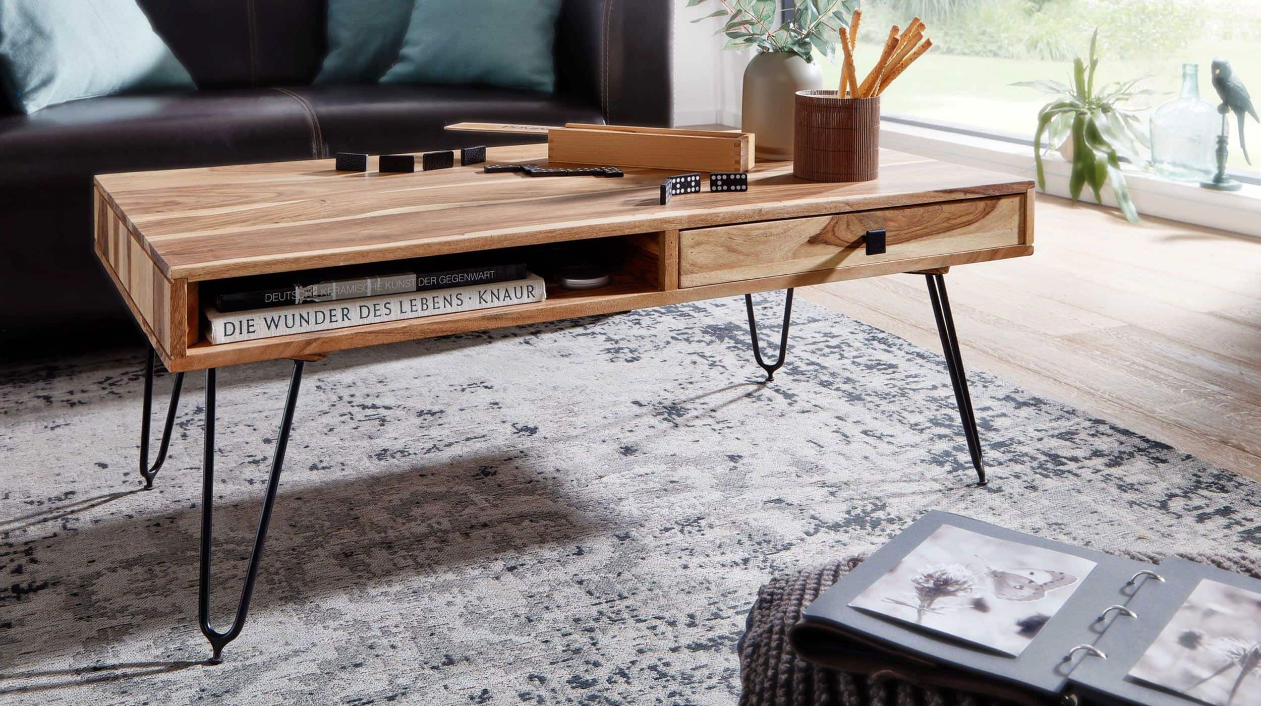 Couchtisch mit Schublade Akazie massiv lackiert 115 x 60 cm - BLOMMA