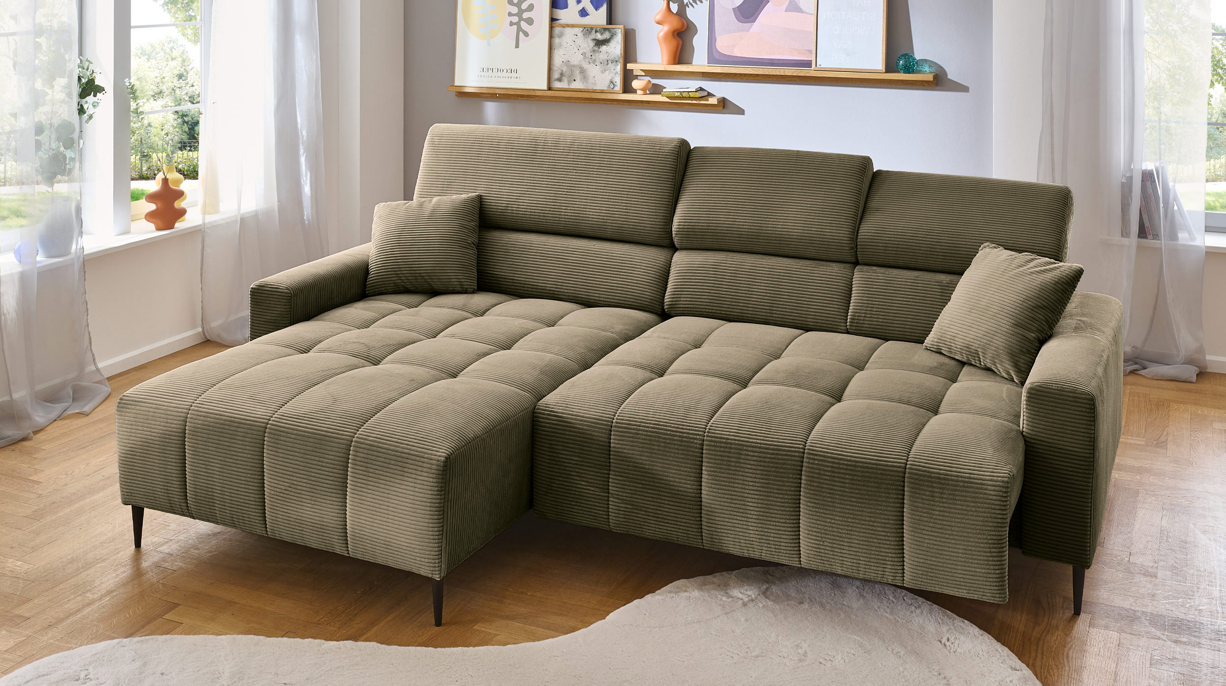 Ecksofa Cord grün ausziehbar - Sitztiefenverstellung 256 cm - OT links - SIMPLE