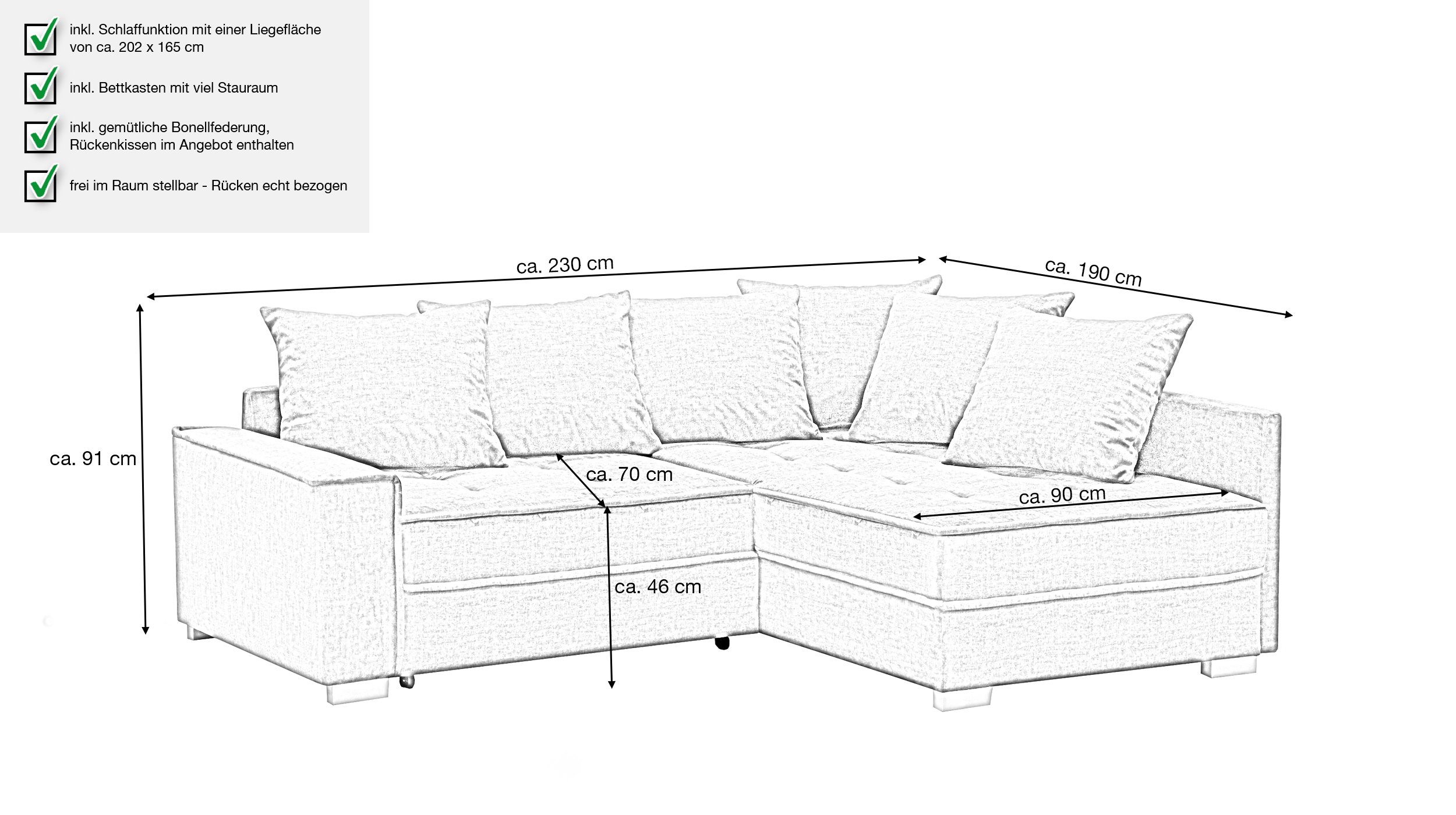 Ecksofa grau 230 cm Bettkasten und Schlaffunktion - EXPRESS