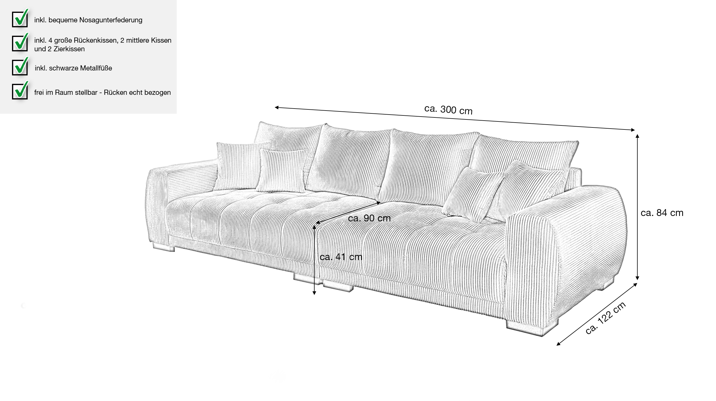 Big Sofa Cord beige mit Nosagunterfederung 300 cm - ARTEMIS