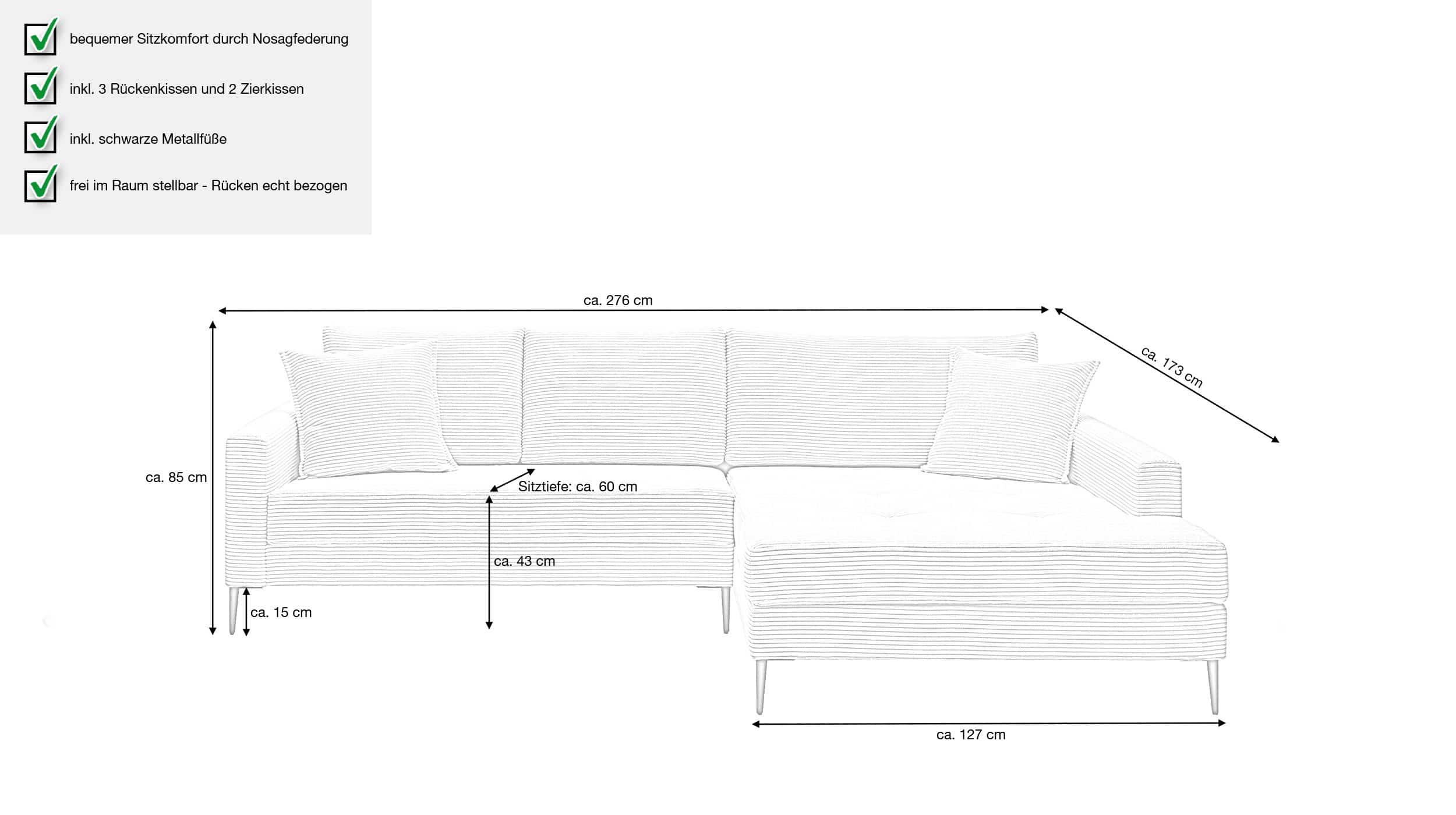 Ecksofa Cordbezug dunkelgrün 276 x 173 cm - SUMMER