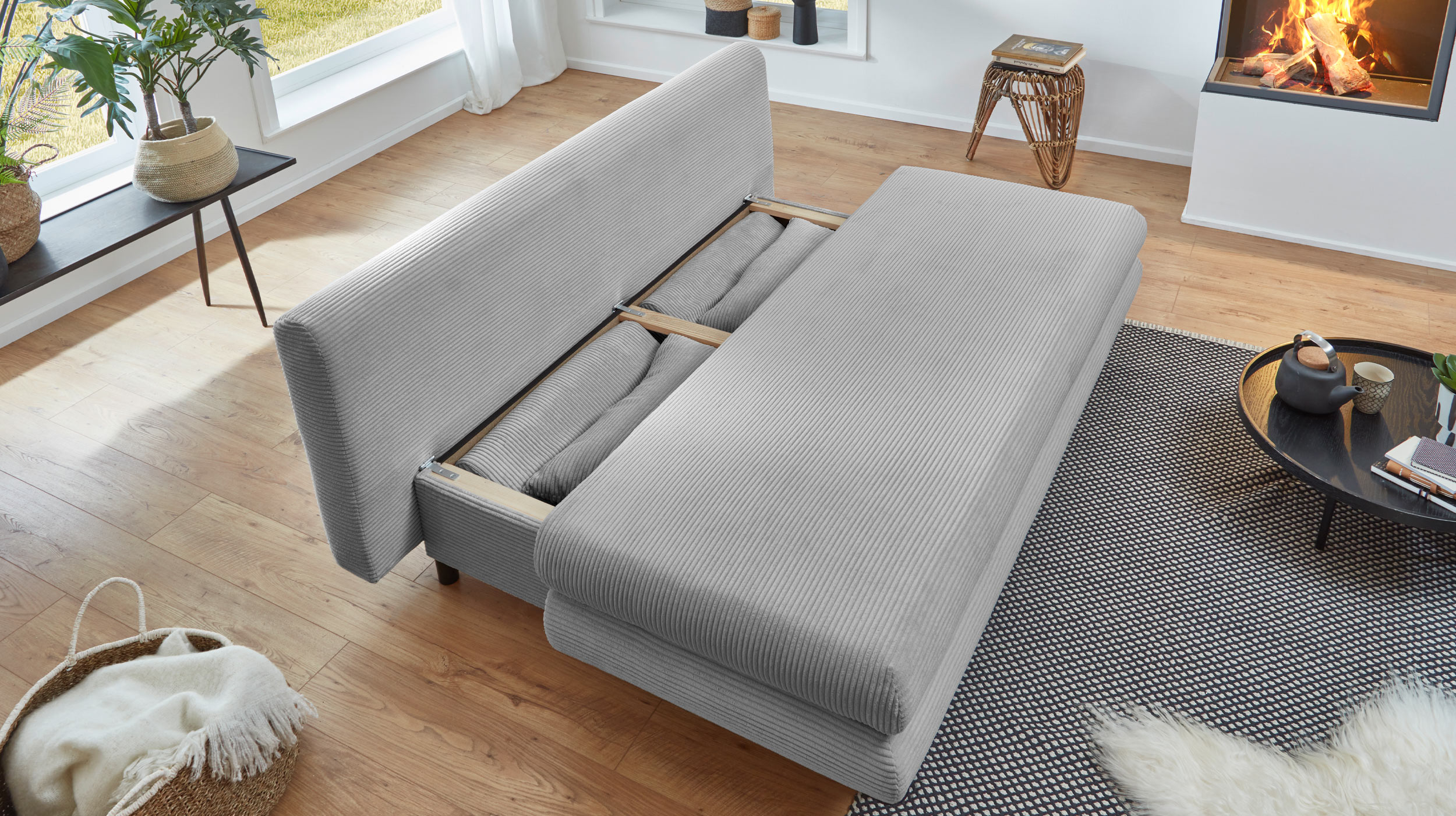 Schlafsofa Cord grau mit Bettkasten Federkern 190 cm - BAREND