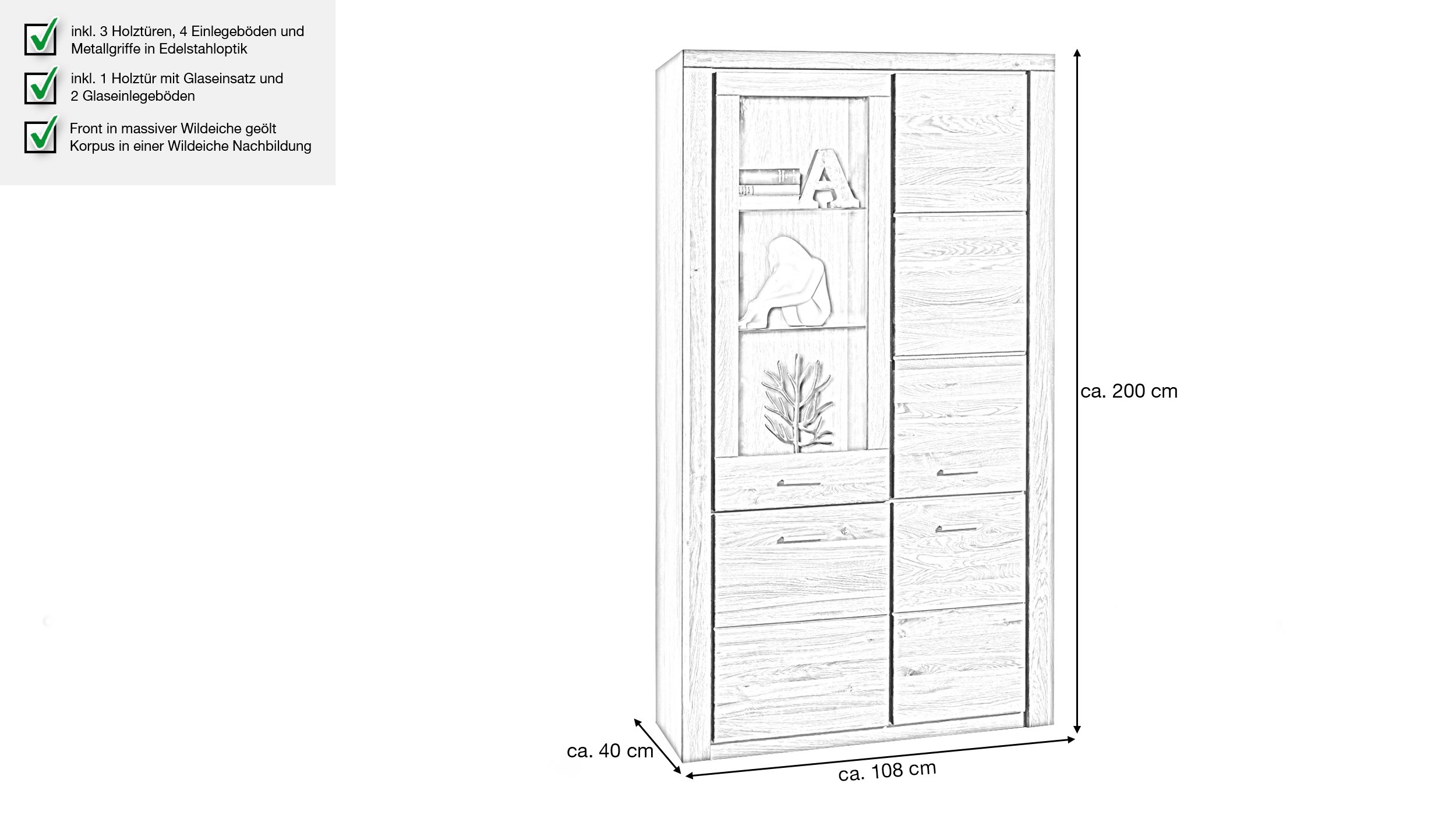 Vitrine Wildeiche teilmassiv geölt 200 cm - FREYJA