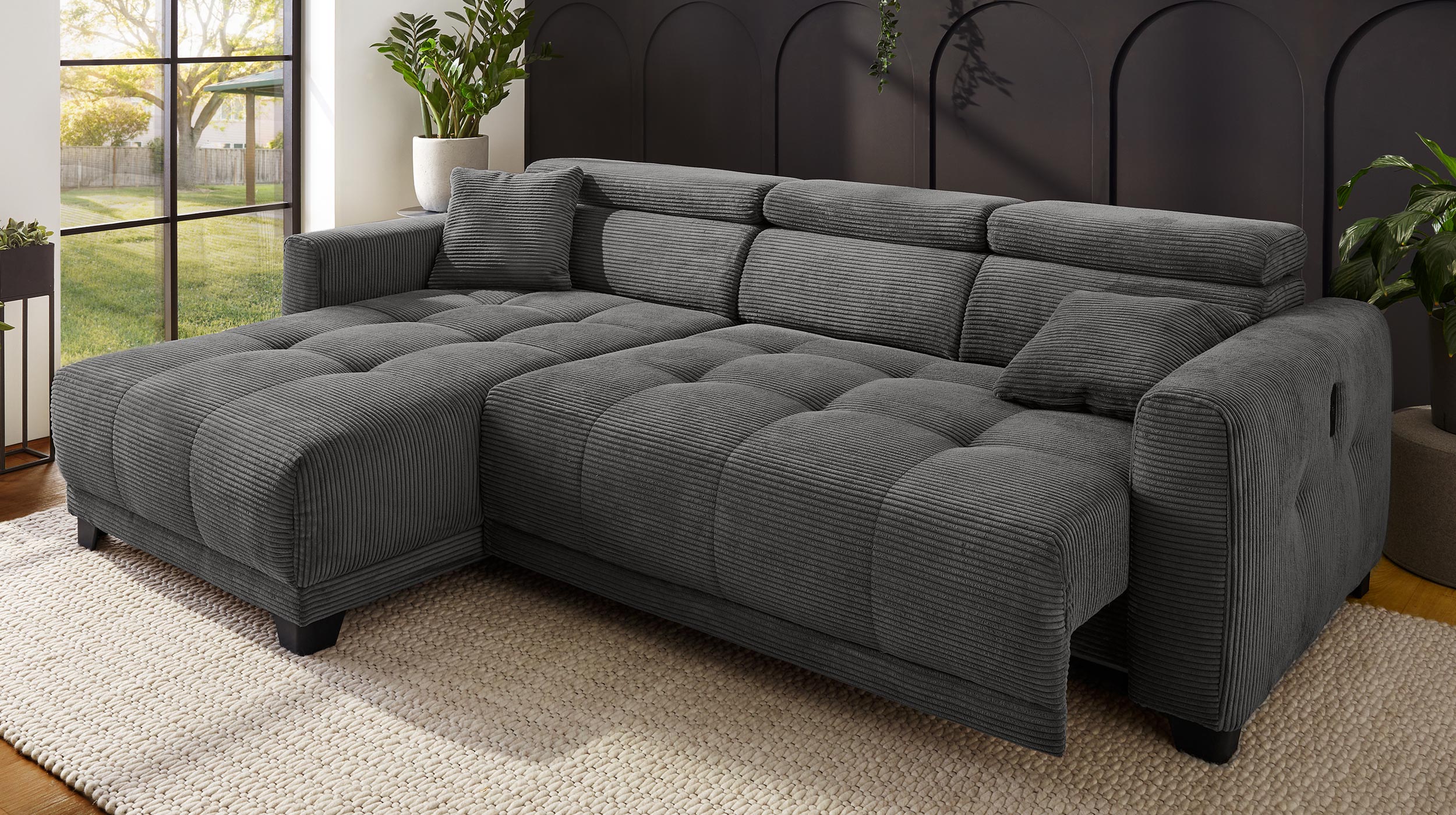 Ecksofa Cord grau 263 cm elektrisch ausfahrbar - CREMONA