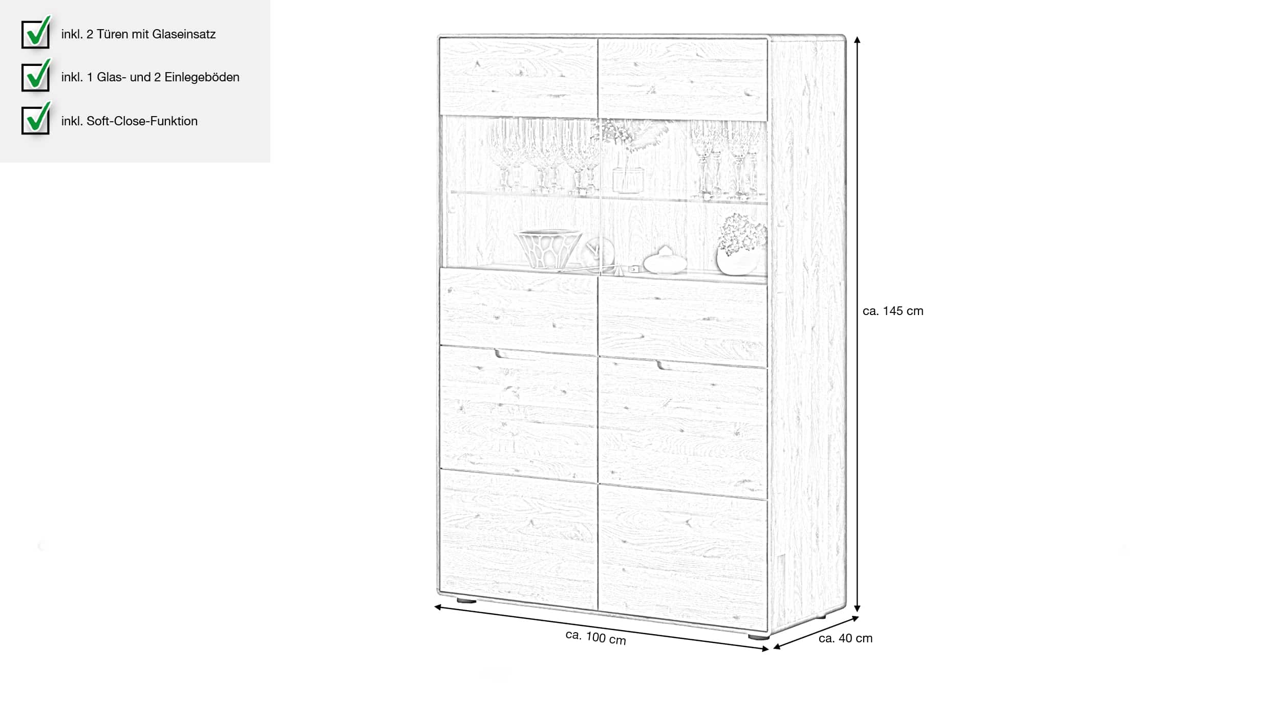 Highboard mit Glastüren Wildeiche massiv 100 cm - LUCAS 