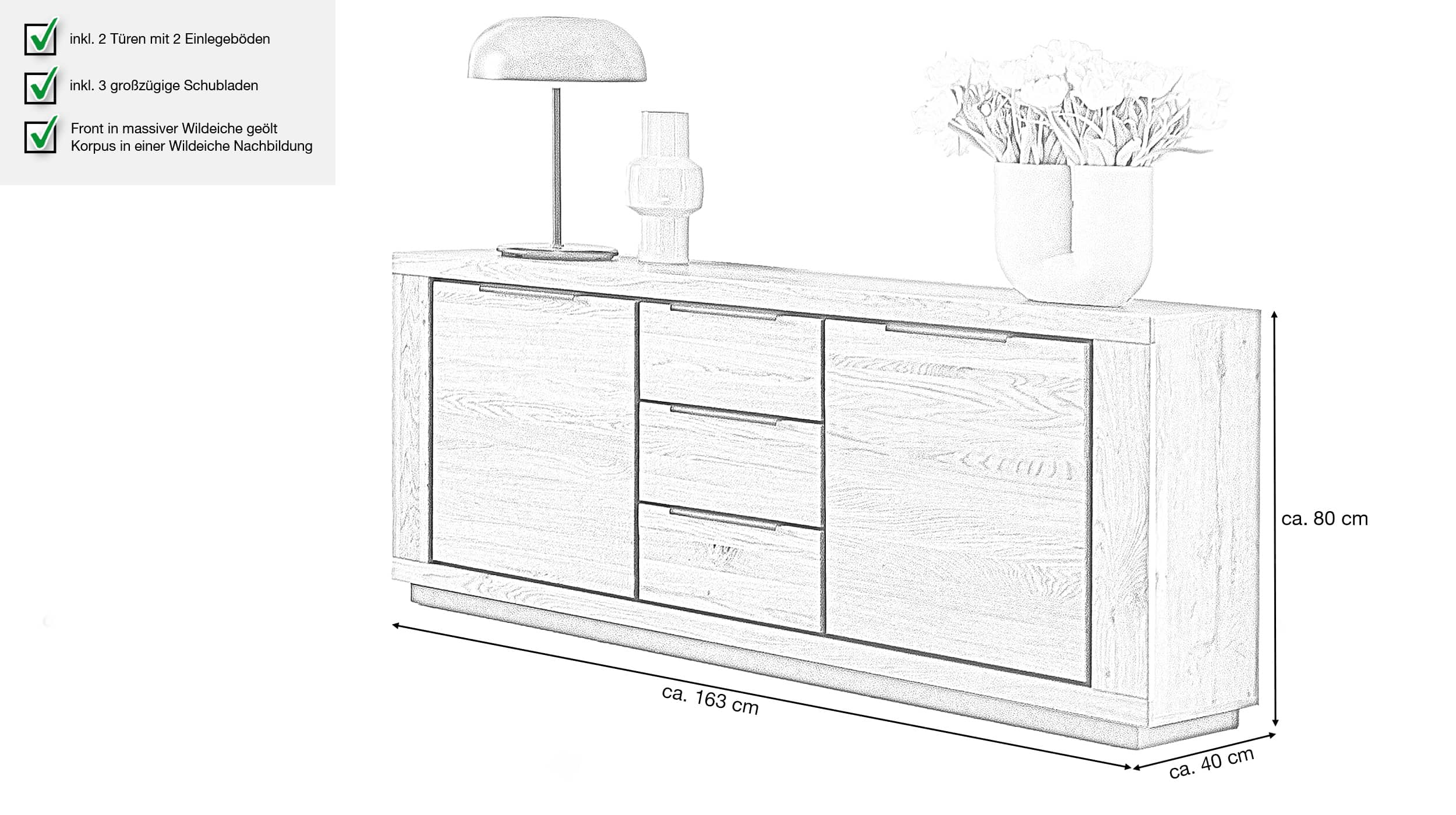 Sideboard mit 3 Schubladen Wildeiche geölt 163 cm - GRENO