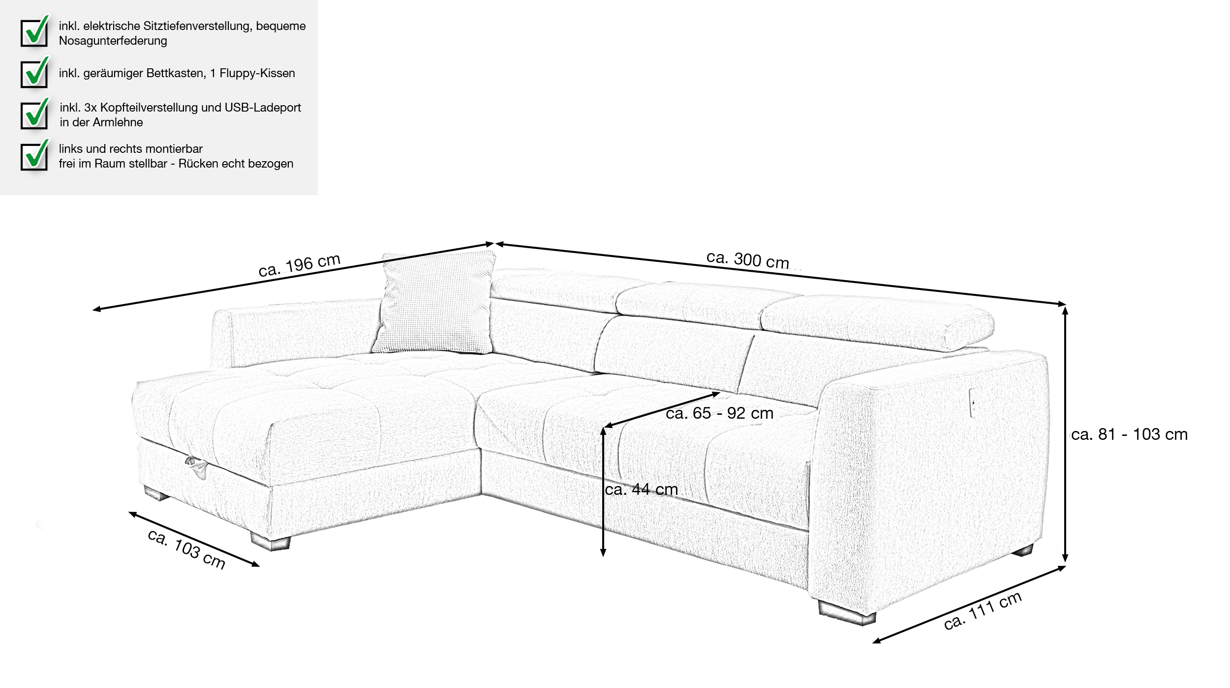 Ecksofa mit Bettkasten elektrisch ausfahrbar grau 300 cm - FIORINA