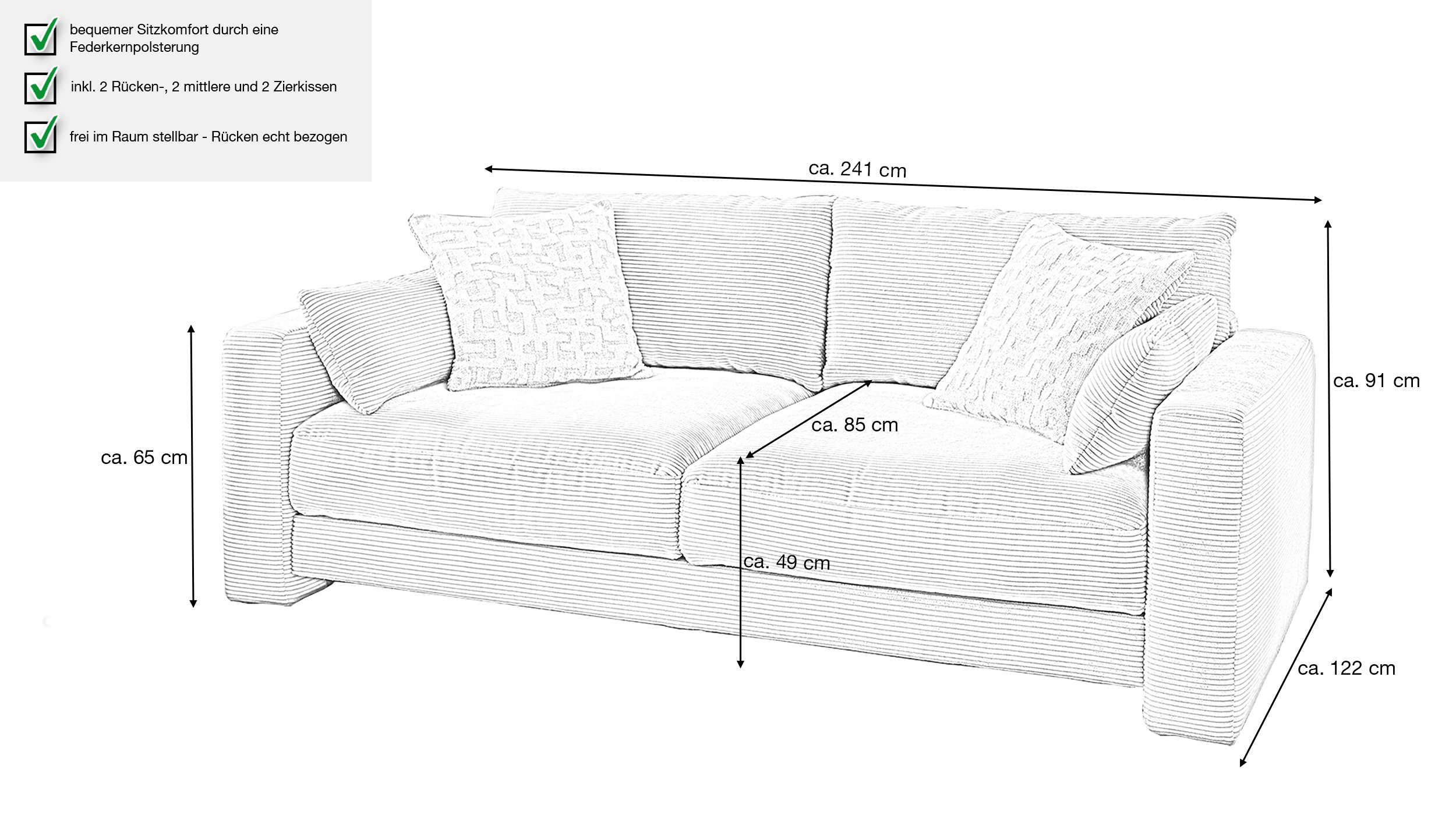 Big Sofa Cord grau-beige - 241 cm Federkernpolsterung - MILEY