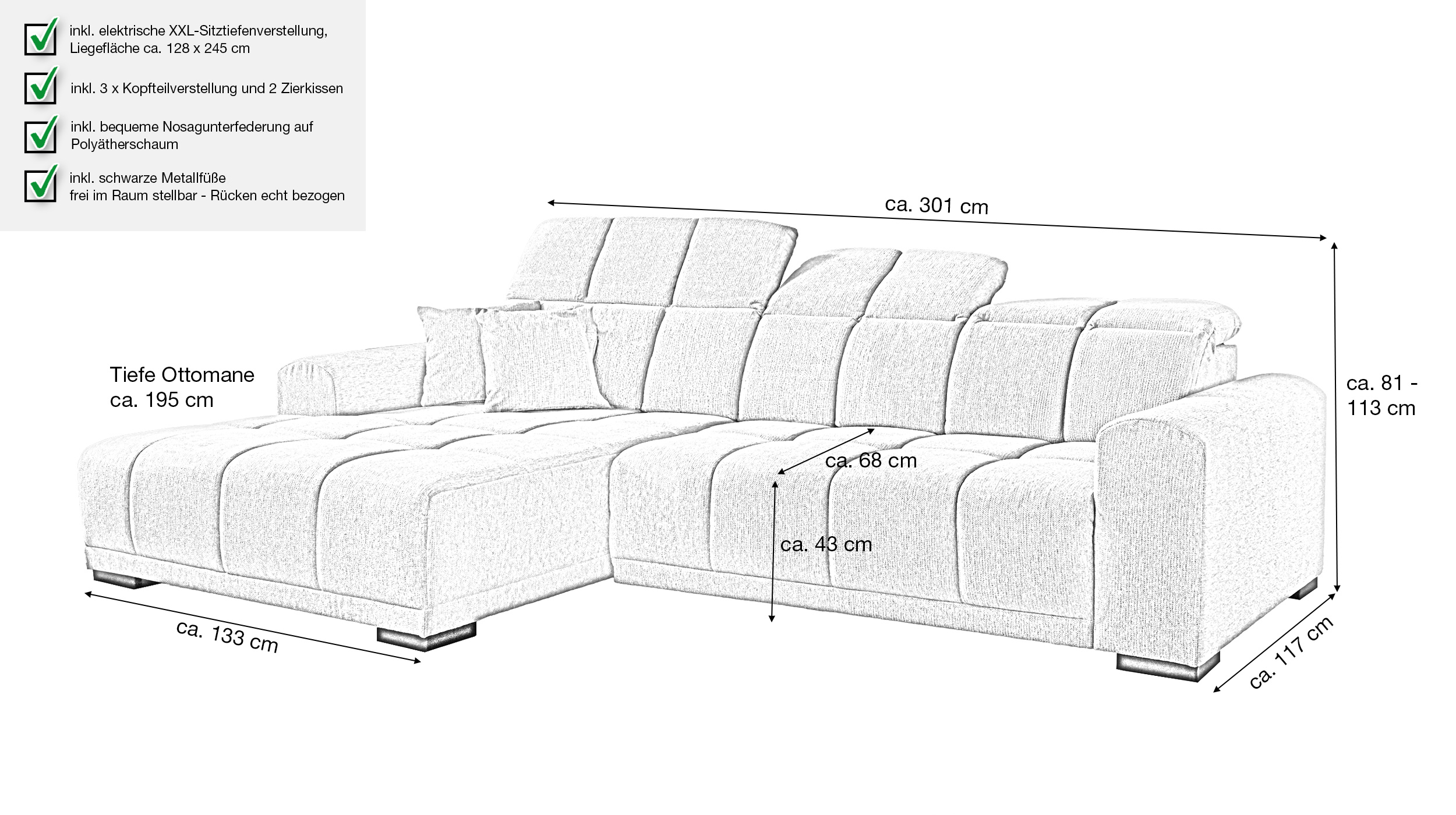 Ecksofa grau elektrisch ausfahrbar 301 x 195 cm - OT links - MASTER