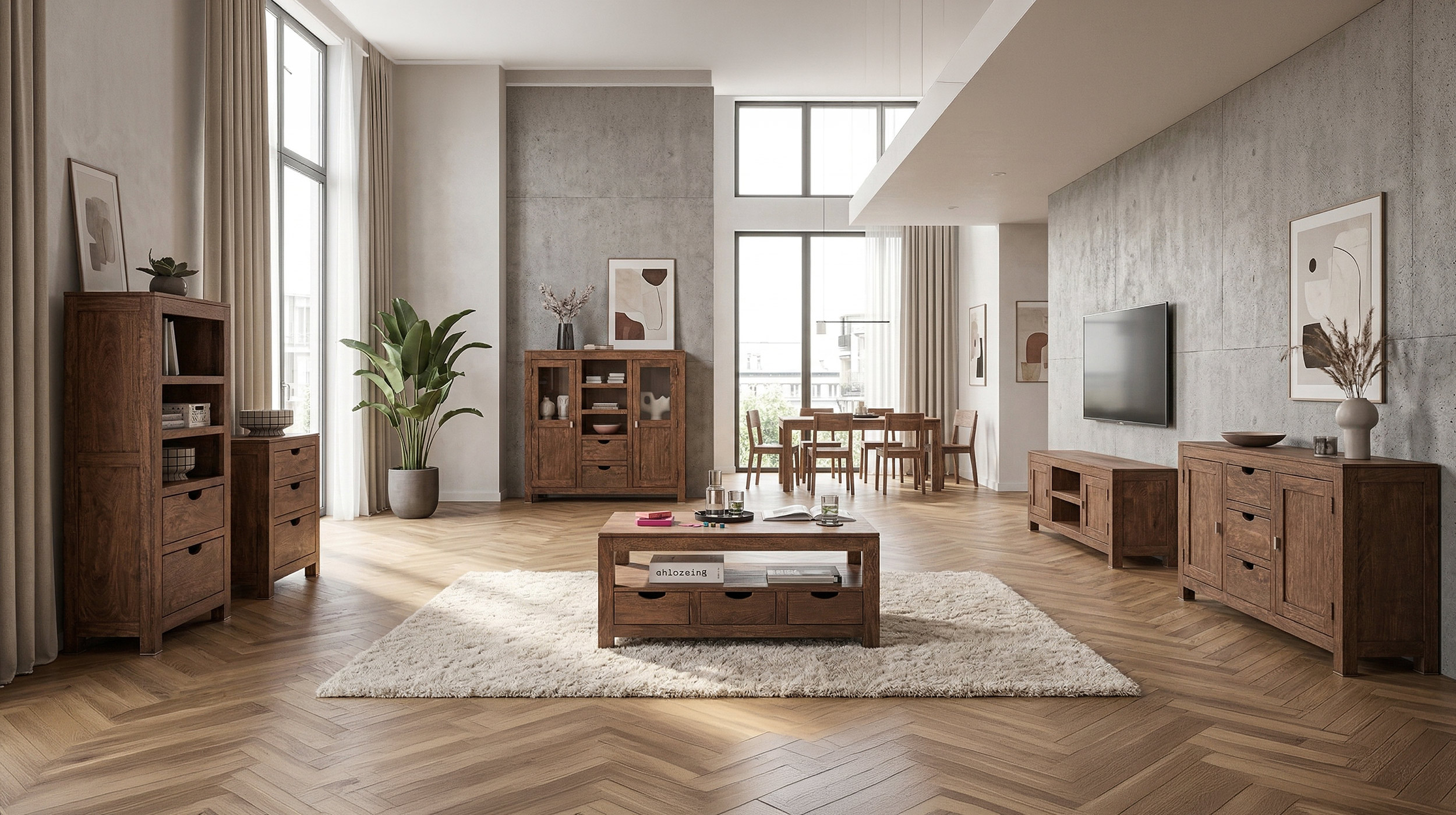 Sideboard 140 cm Mango massiv gebeizt montiert - MANGALA