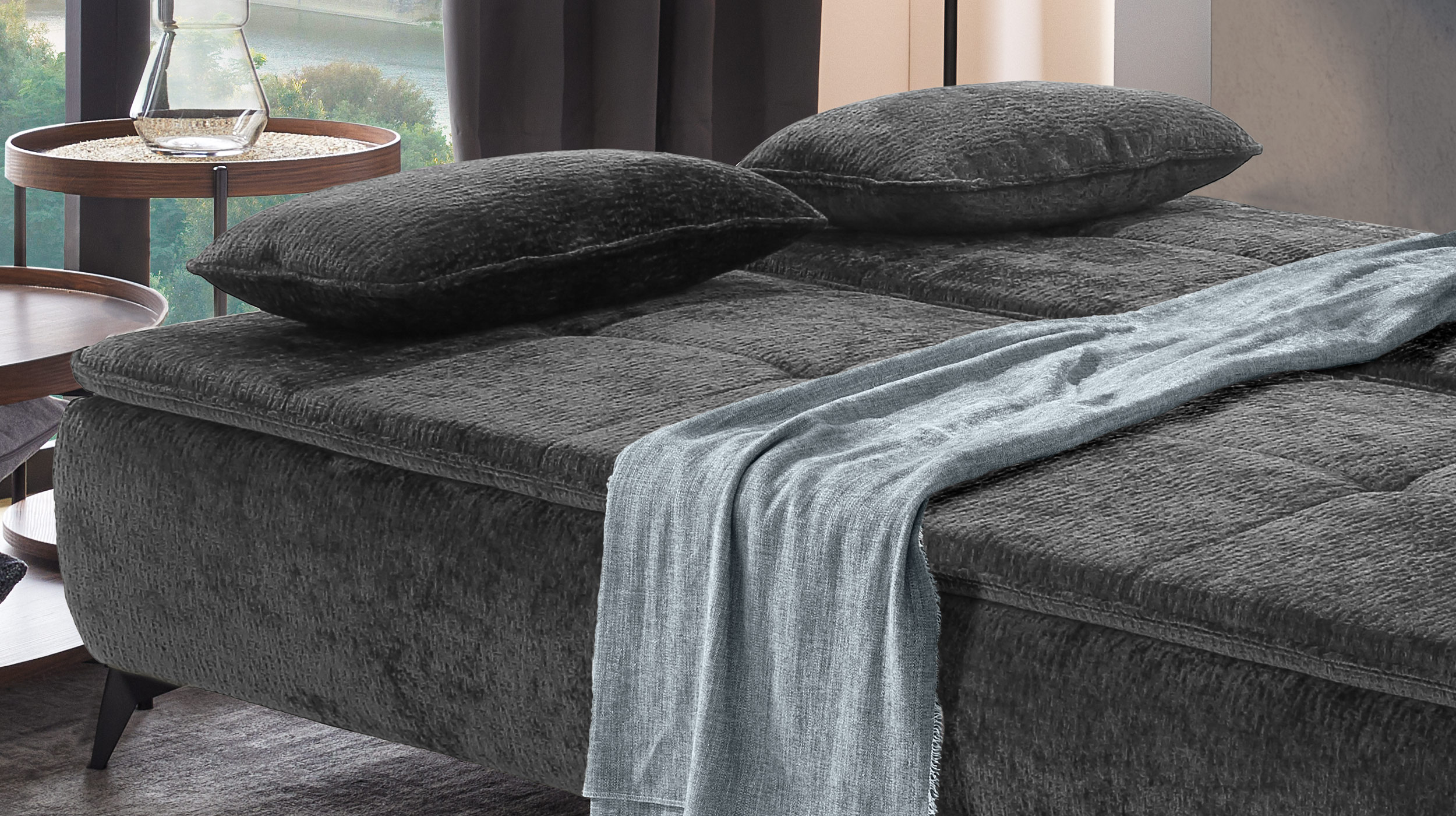 Schlafsofa grau mit Bettkasten 204 cm - Dauerschläfer - LIVENTO 