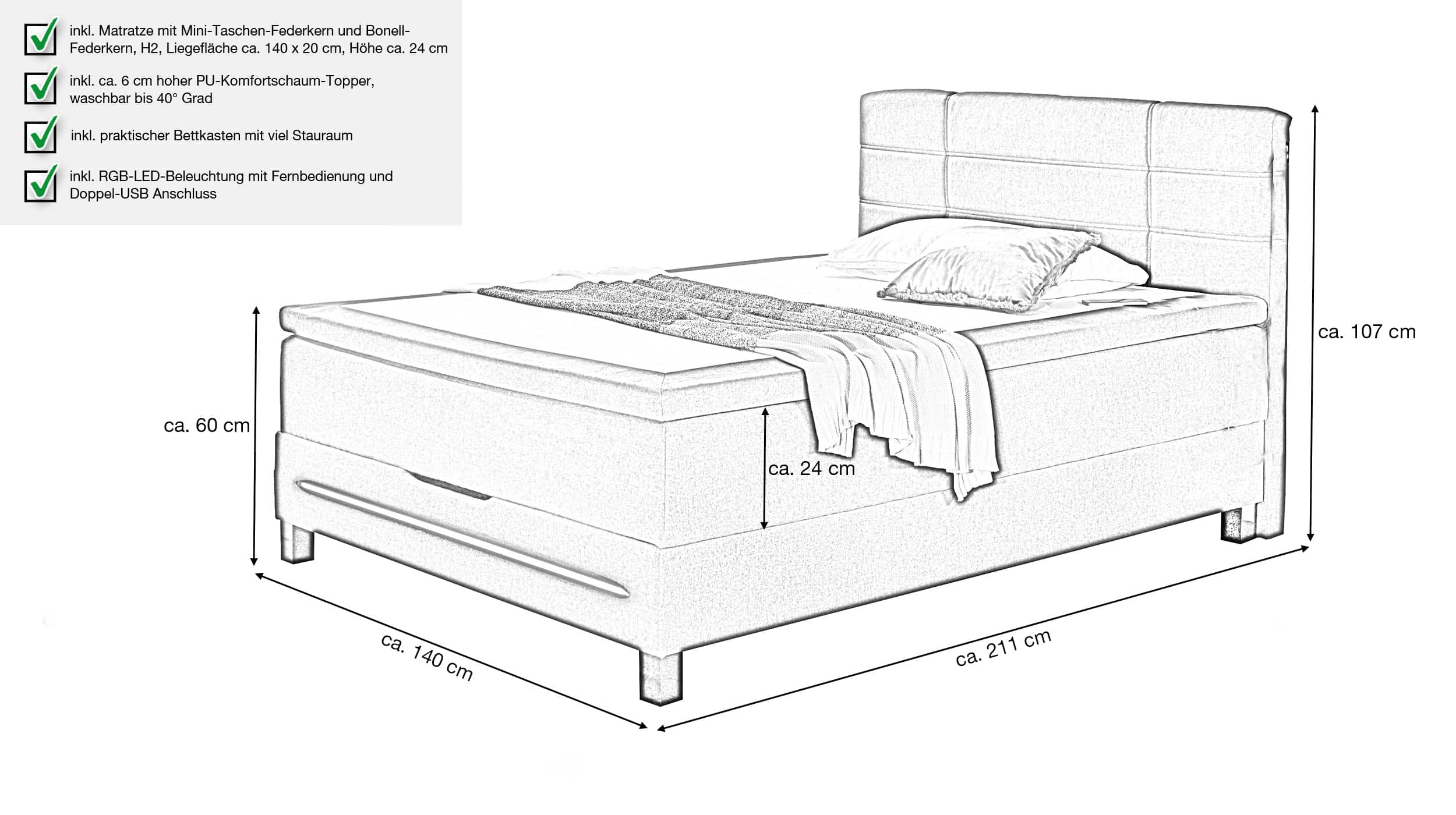 Boxbett 140 x 200 cm anthrazit mit Bettkasten - JEFFERSON