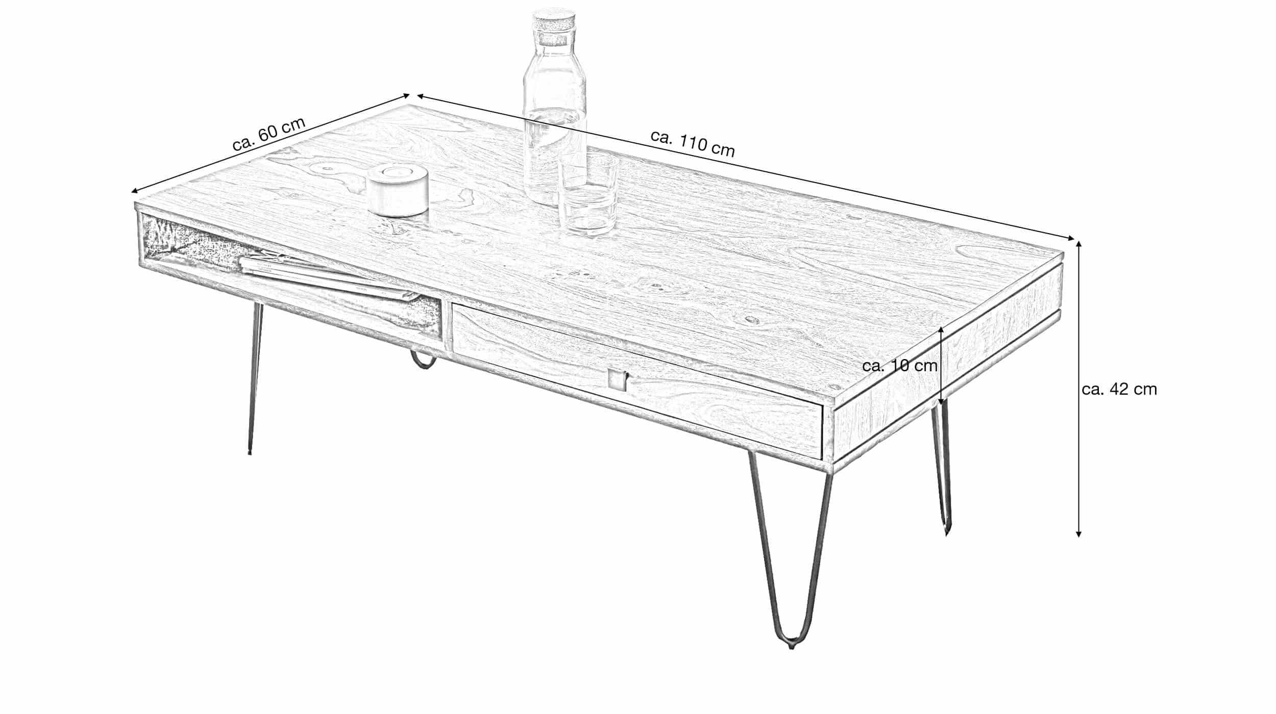 Couchtisch mit Schublade Sheesham massiv gebeizt 115 x 60 cm - BARBRO