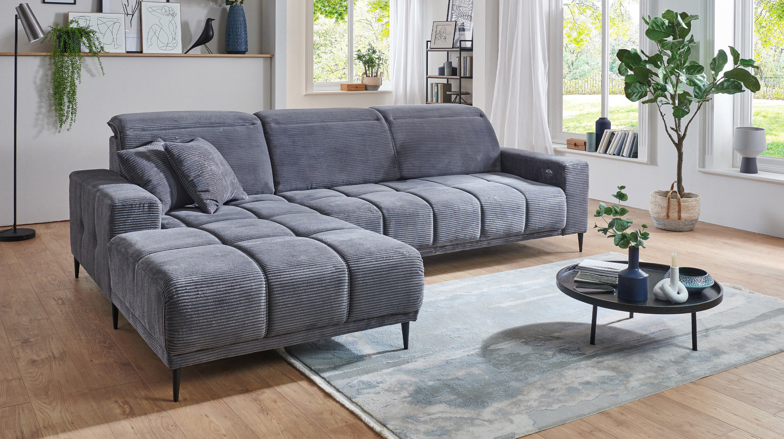 Ecksofa Cord grau ausziehbar - Sitztiefenverstellung 286 cm - OT links - MARISOL