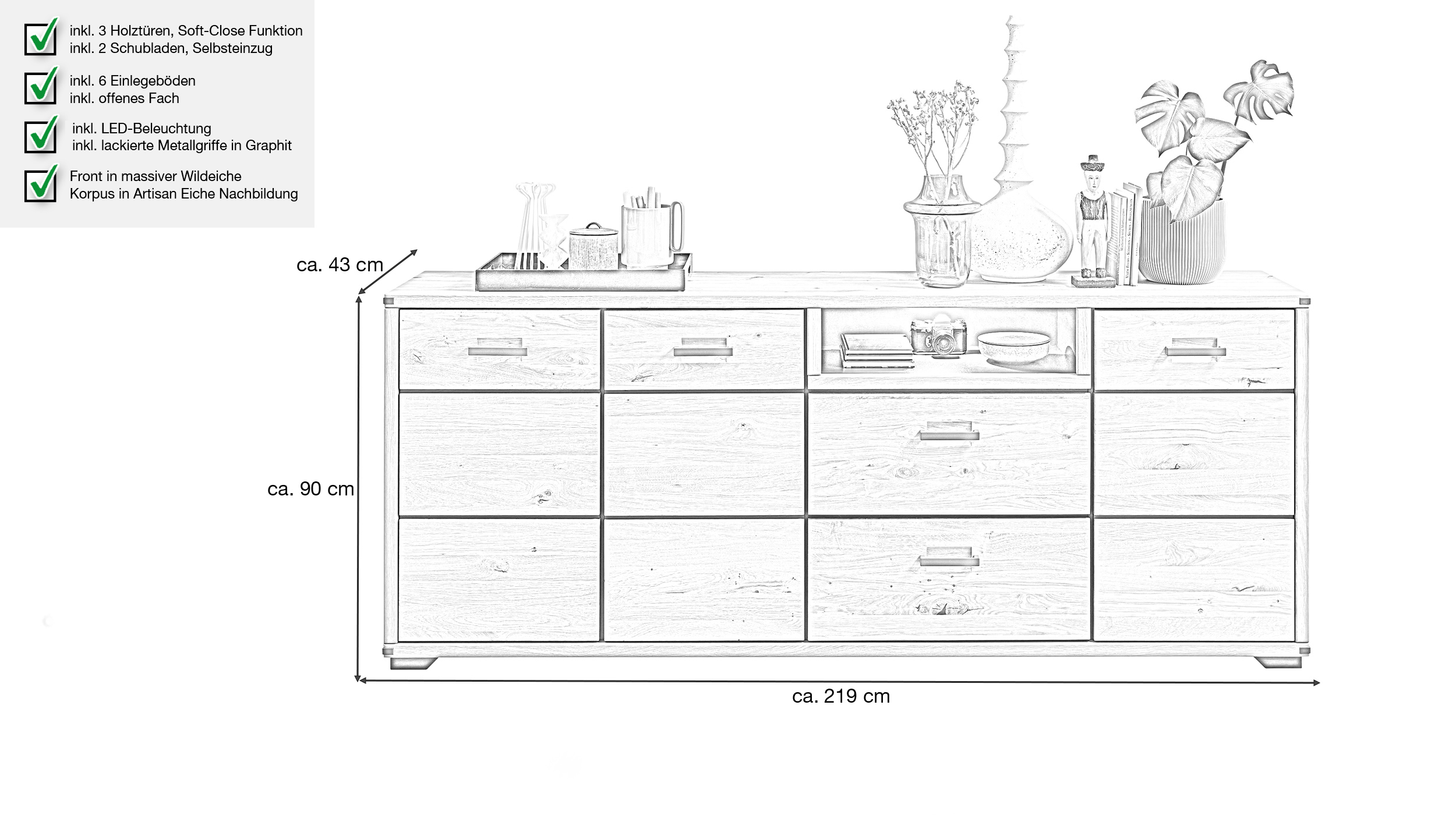 Sideboard mit Beleuchtung - Wildeiche - 219 cm - CATANIA