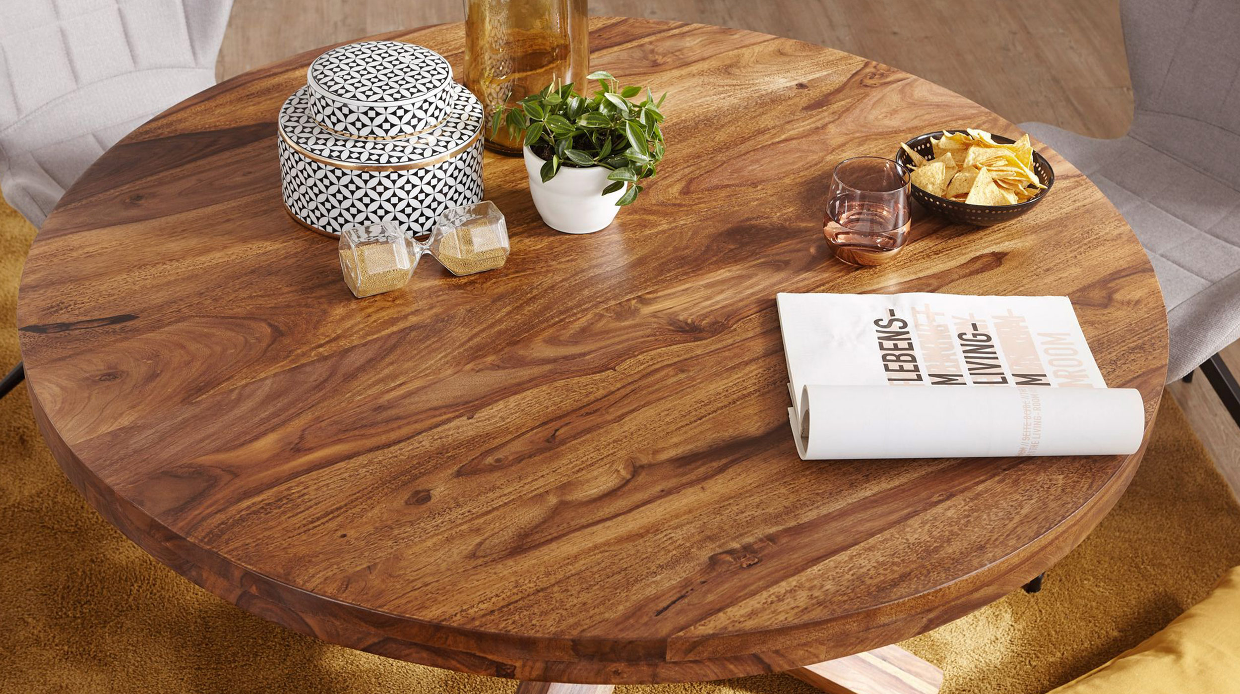 Esstisch 120 cm rund Sheesham massiv gebeizt - BARK 