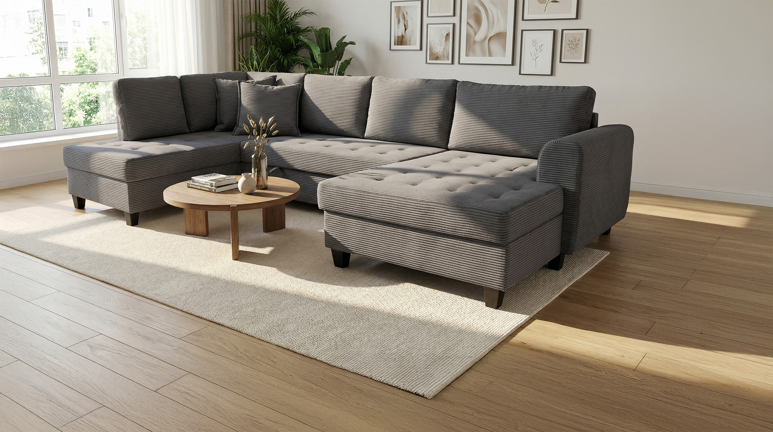 Wohnlandschaft Schlaffunktion Cord grau Bettkasten 324 cm - MANDALIA