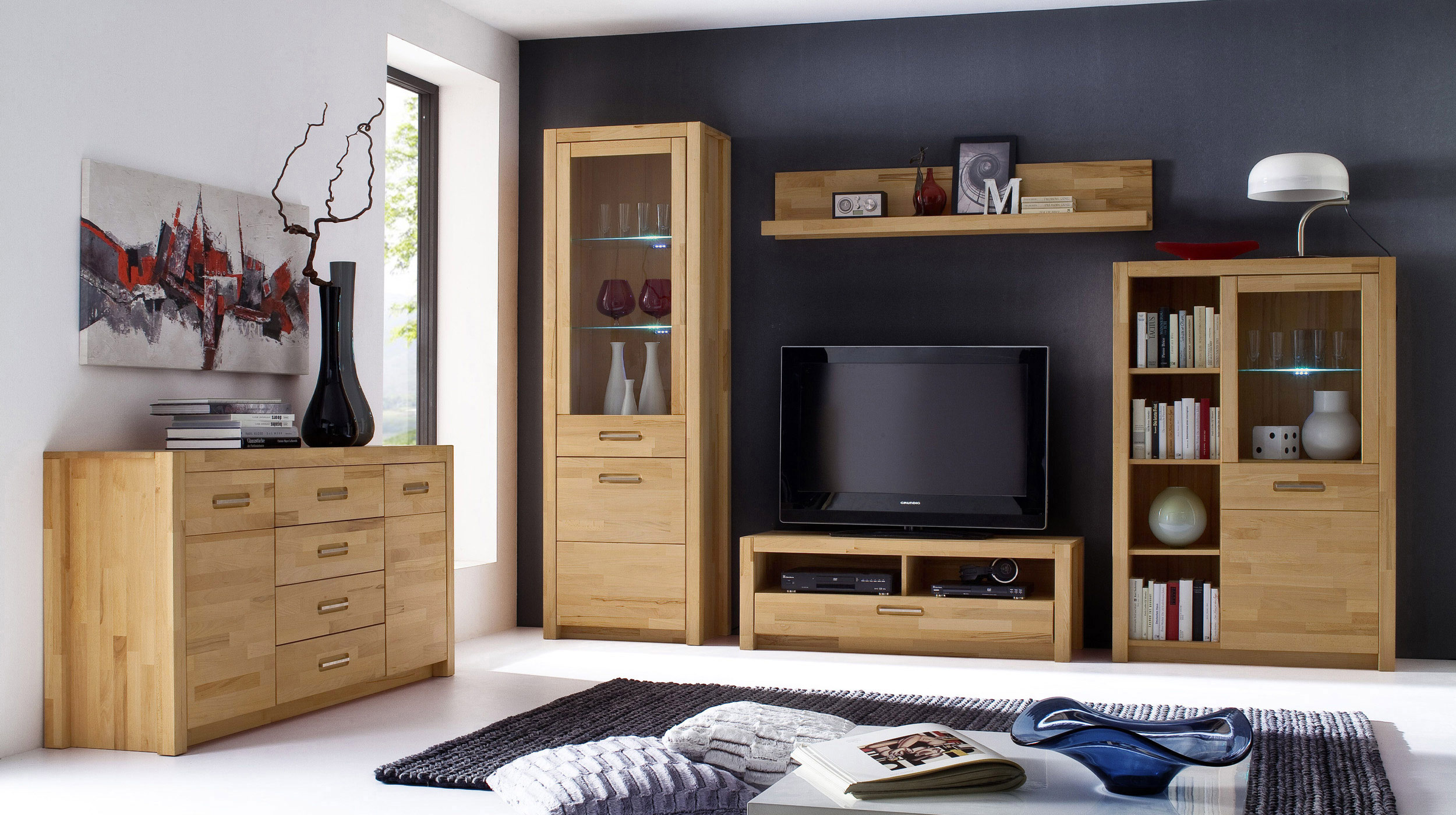 Highboard mit 1 Glastür Kernbuche massiv geölt 98 cm - FENJA