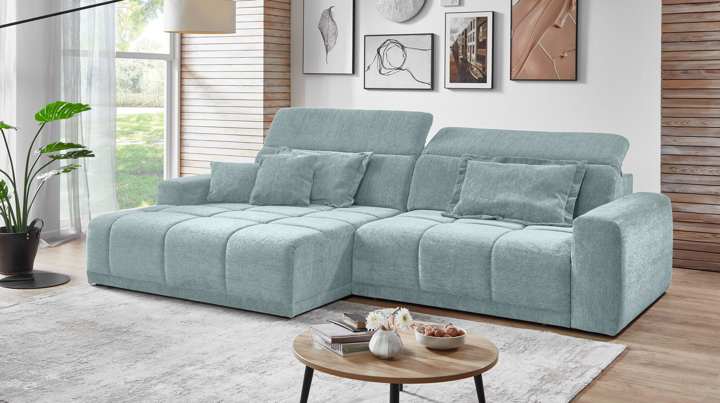 Ecksofa grün - 288 x 176 cm - Sitztiefenverstellung - OT links - BROOK