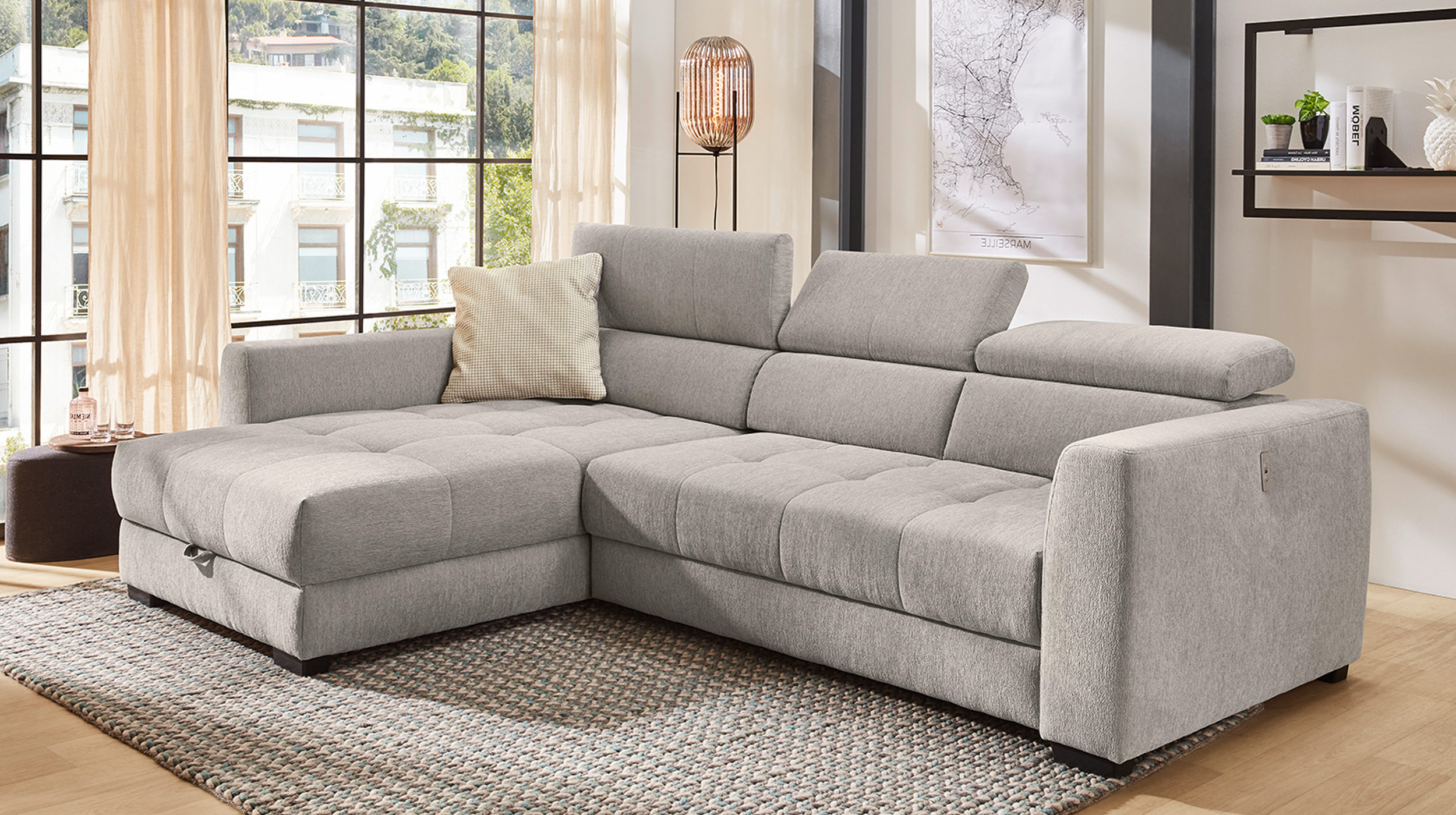 Ecksofa mit Bettkasten elektrisch ausfahrbar grau 300 cm - FIORINA
