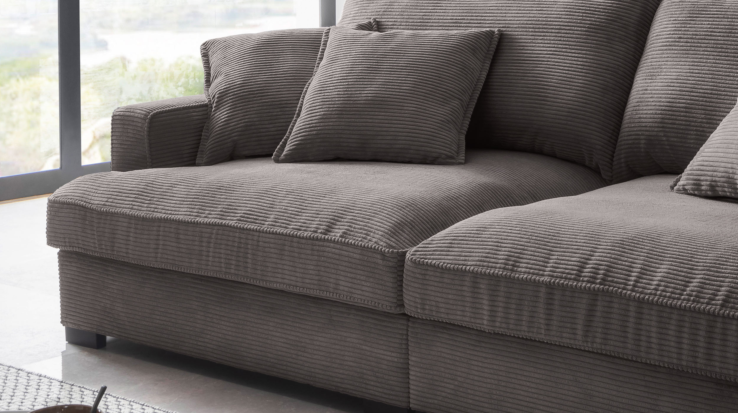 Big Sofa Cord grau - 242 cm - Nosagunterfederung - TRIBECCA 