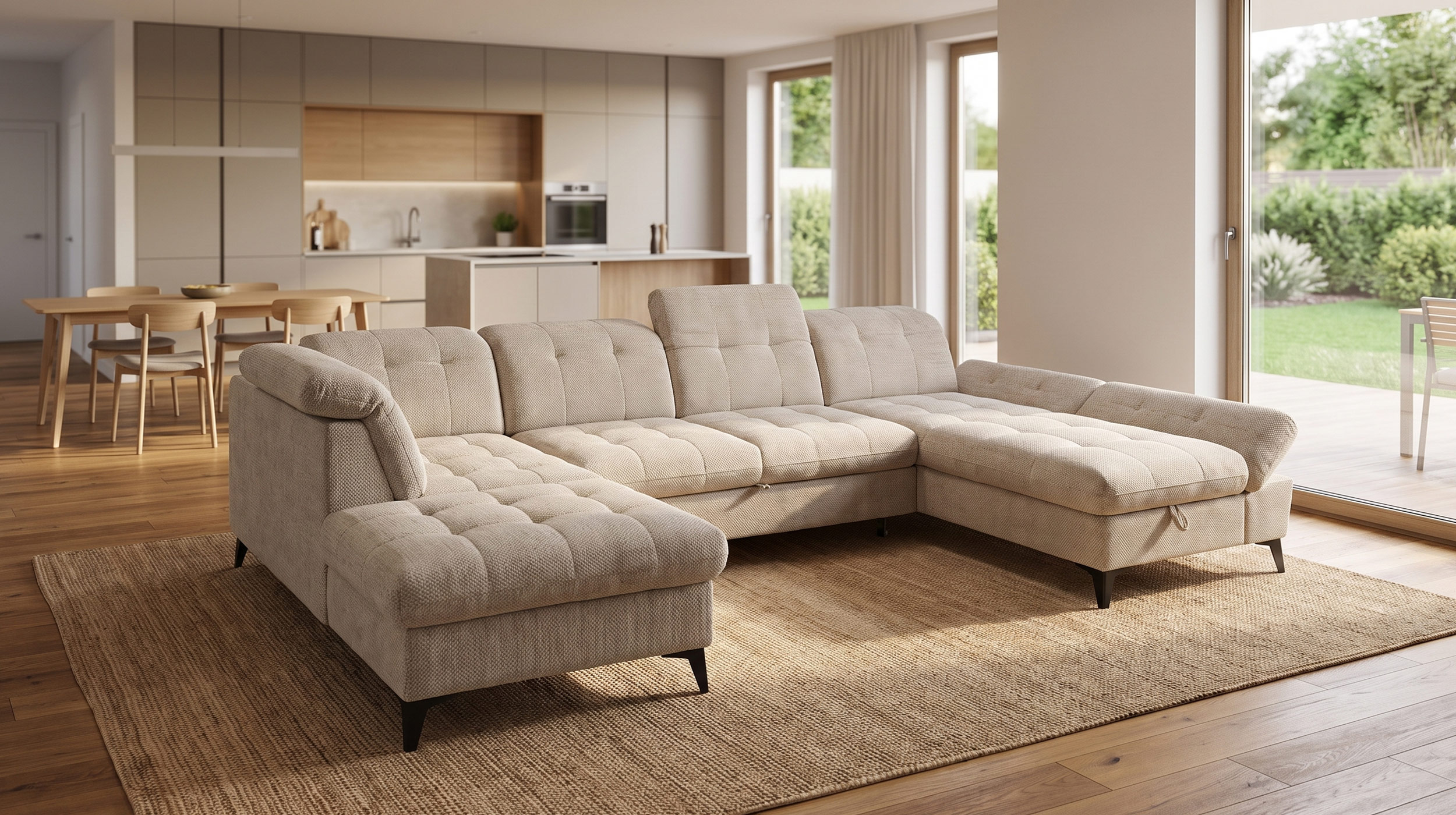 Wohnlandschaft Schlaffunktion Bettkasten Beige-Kaschmir - MERCY
