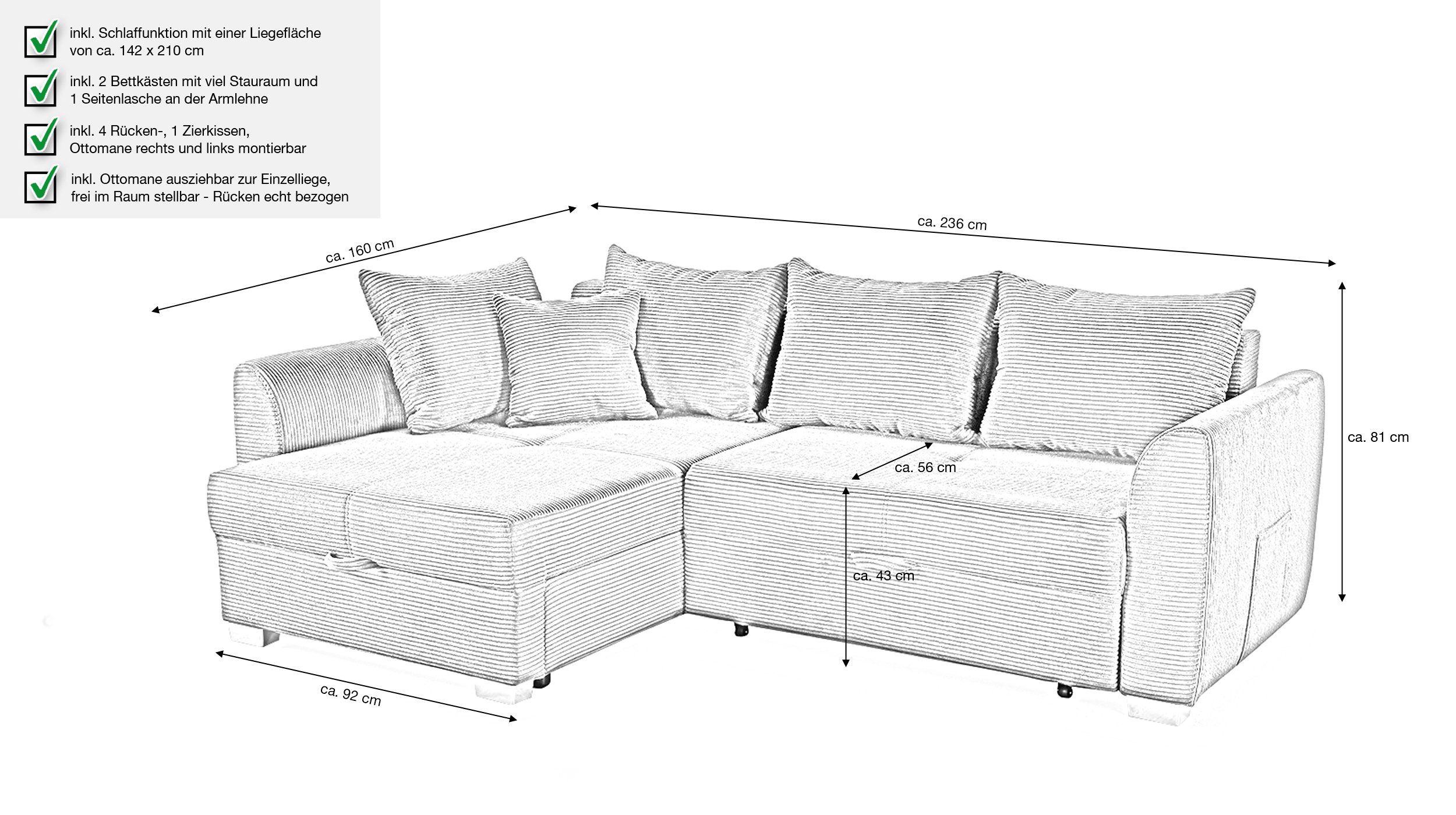 Ecksofa Cordbezug grau 236 x 160 cm - Bettkasten - BOOMER