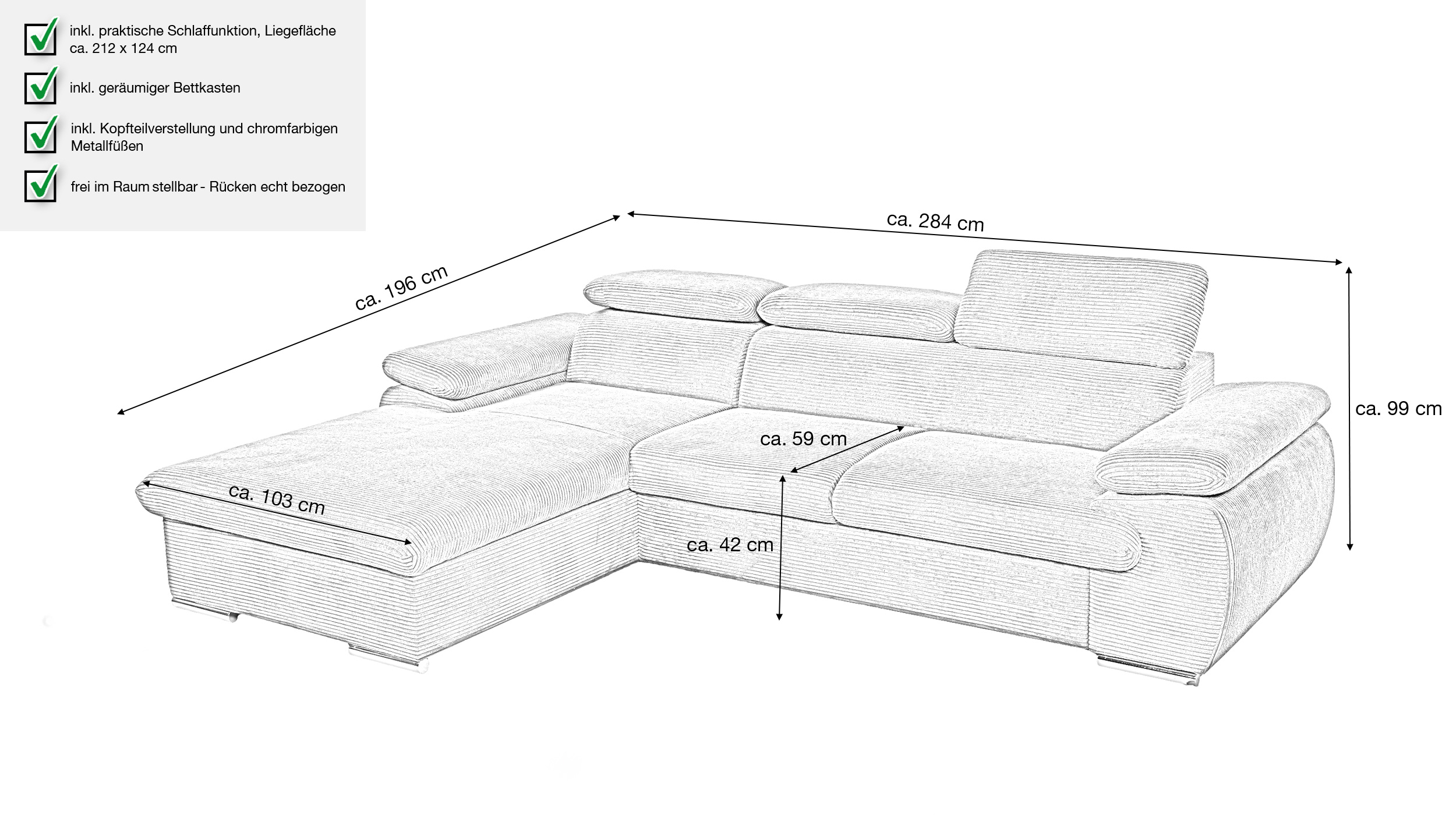 Ecksofa Cord anthrazit Schlaffunktion Bettkasten 284 x 196 cm - CINDY