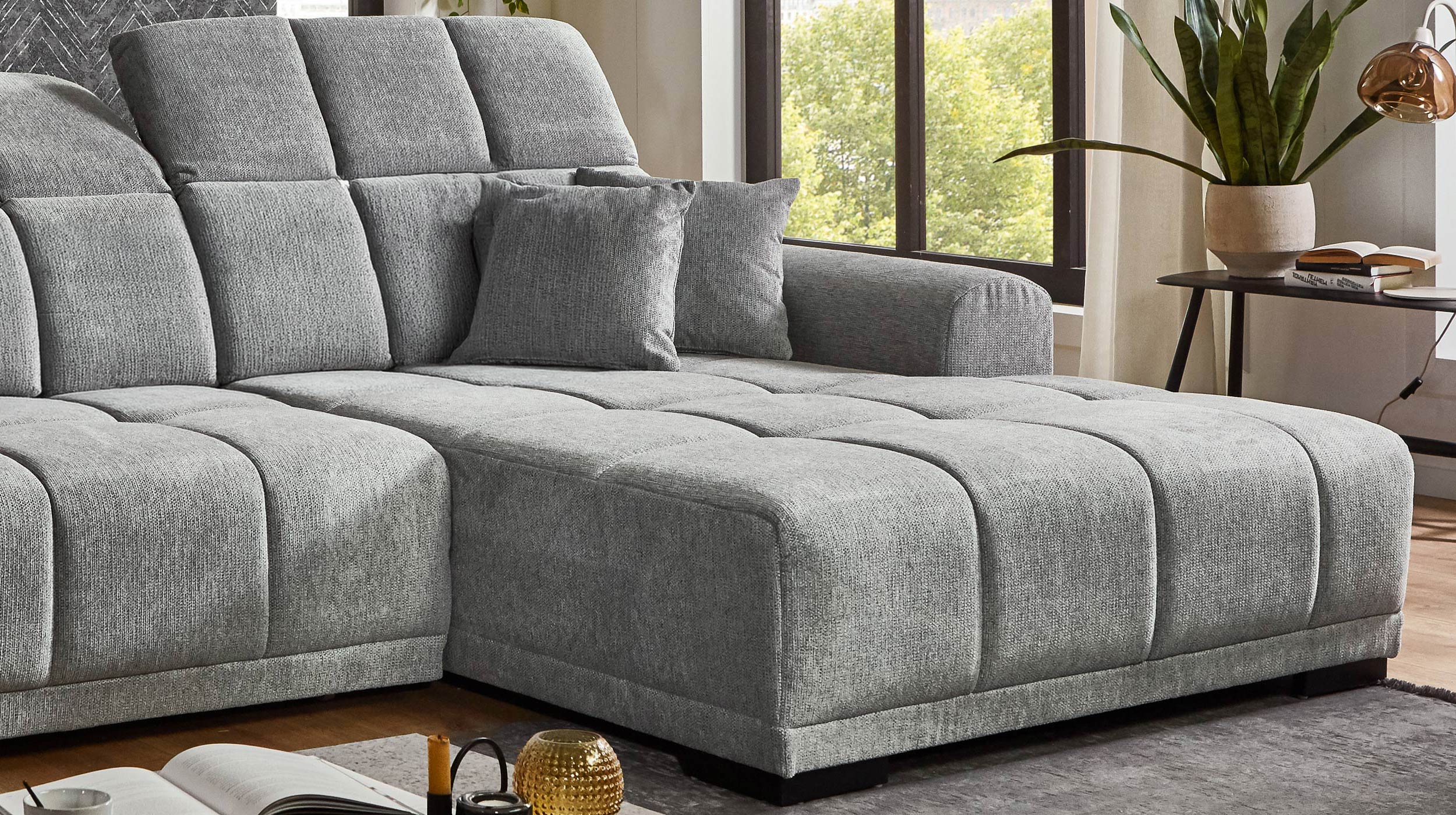 Ecksofa grau elektrisch ausfahrbar 301 x 195 cm - OT rechts - MASTER