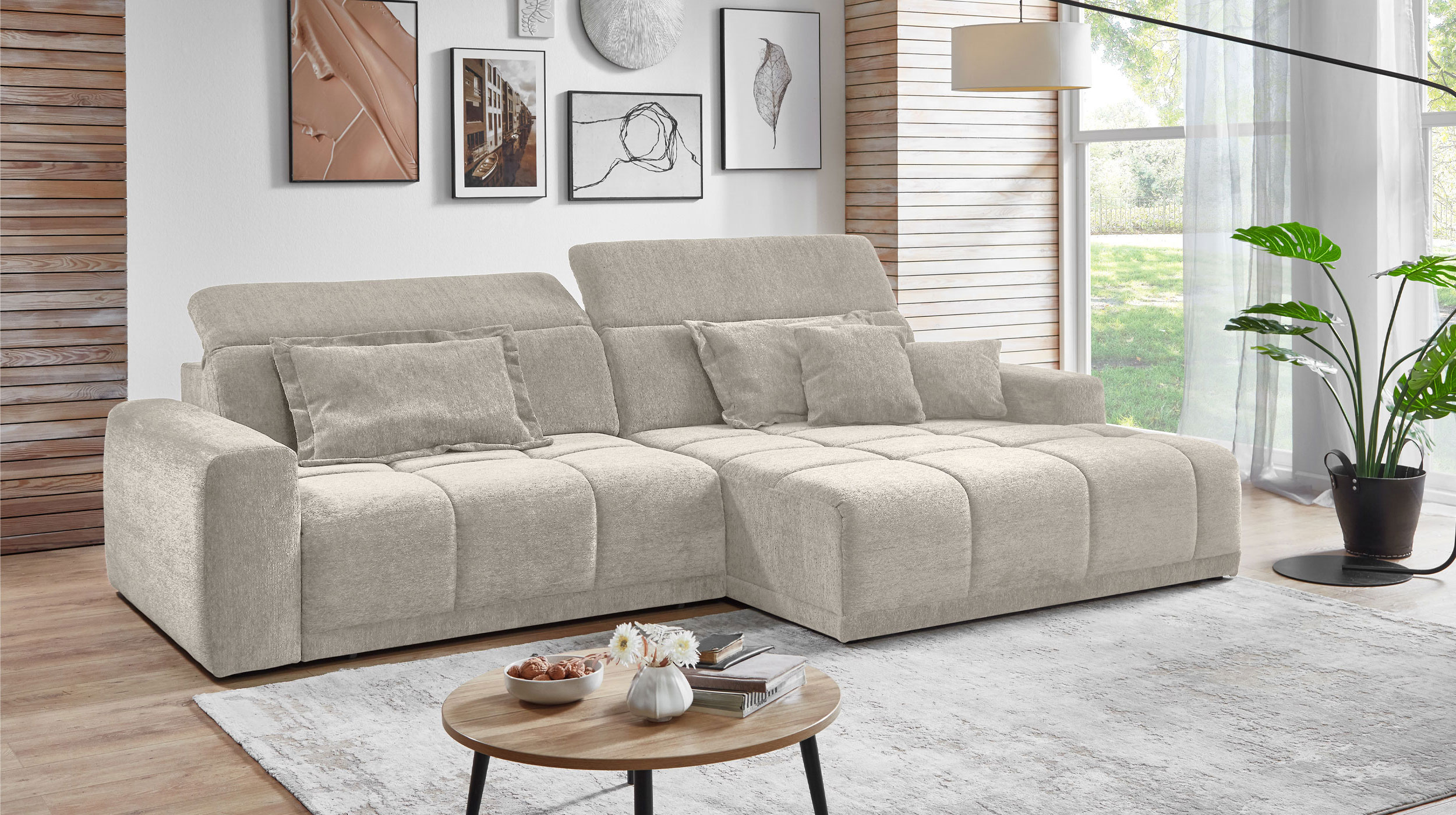 Ecksofa beige - 288 x 176 cm - Sitztiefenverstellung - OT rechts - BROOK