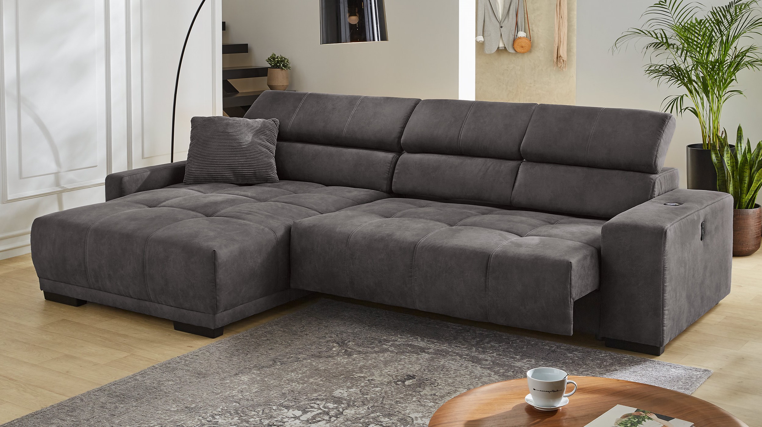 Ecksofa grau ausziehbar - Sitztiefenverstellung 315 cm - LE MANS