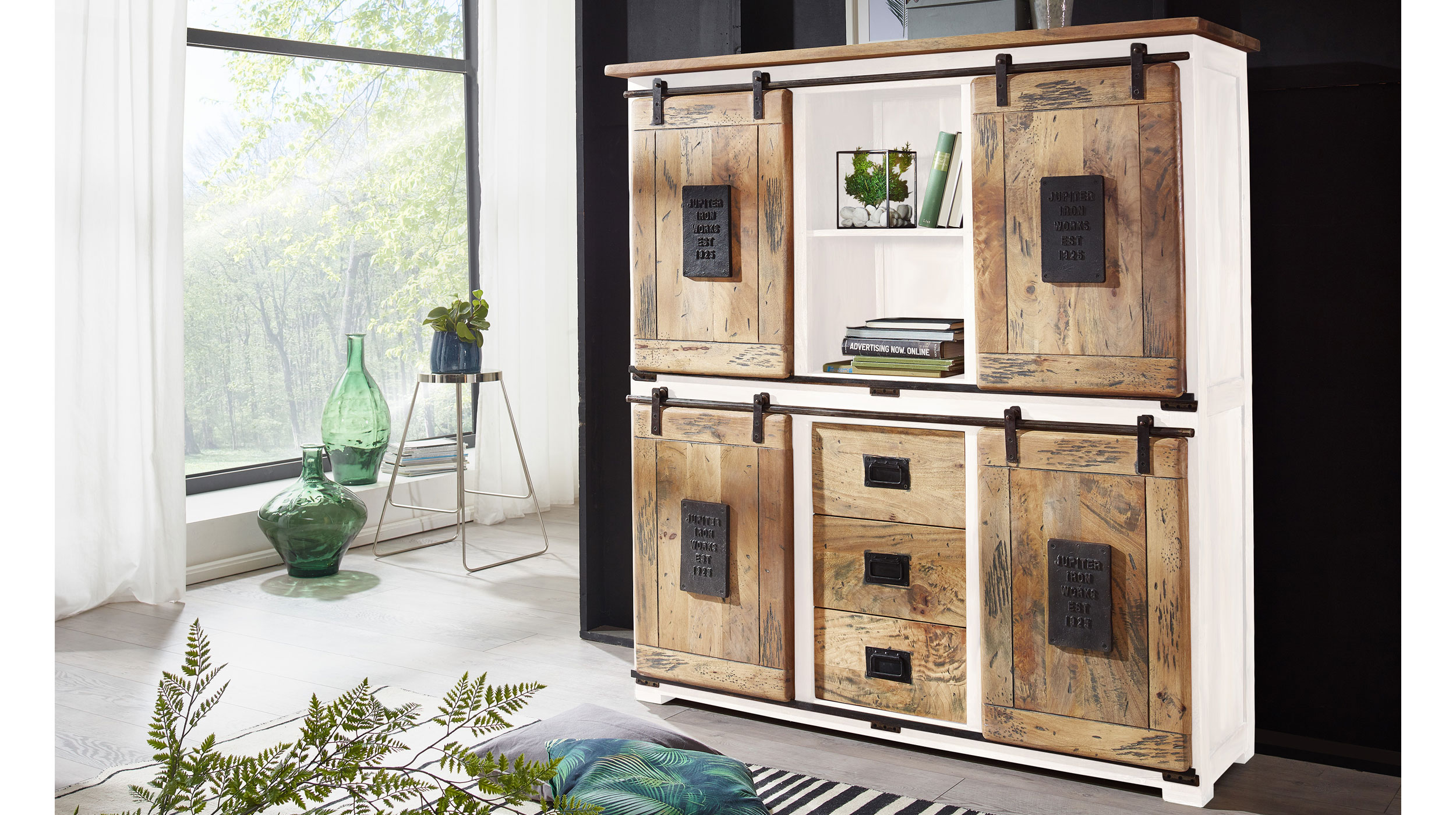 Highboard mit 4 Rolltüren Massivholz weiß Mango 150 cm - EMANUEL