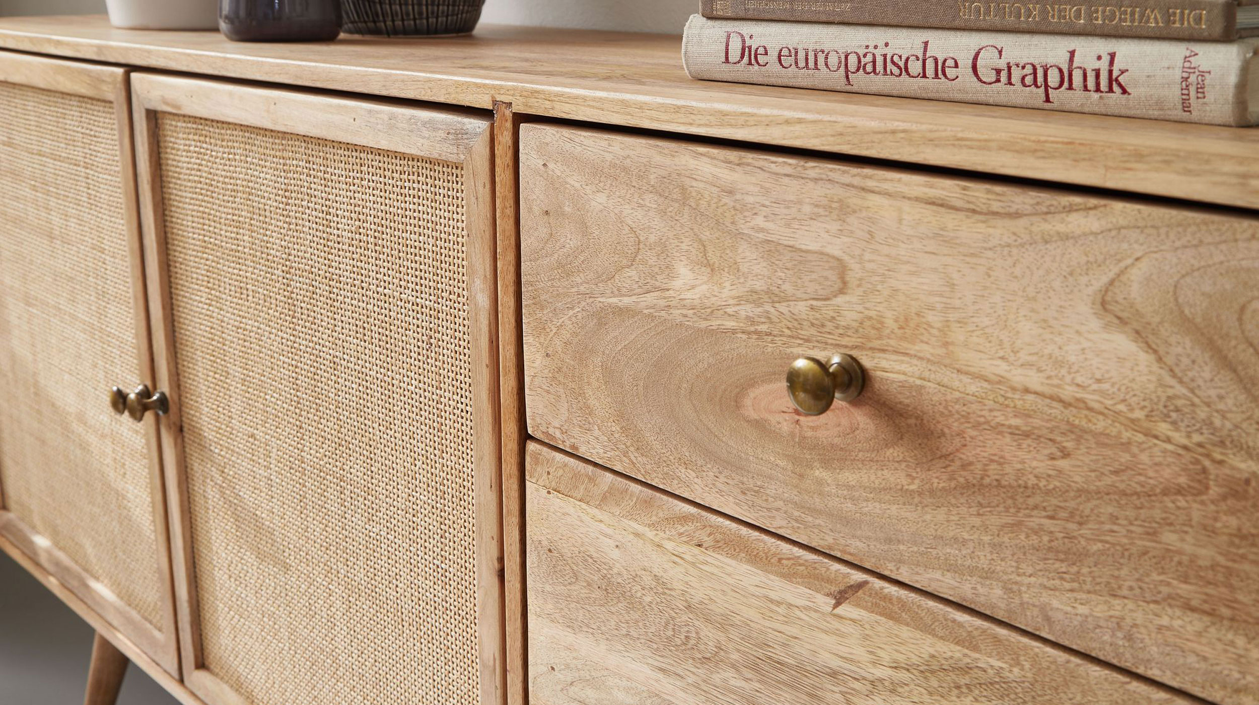 Sideboard mit 3 Schubladen Mango massiv - Rattan 140 cm - RIKARD