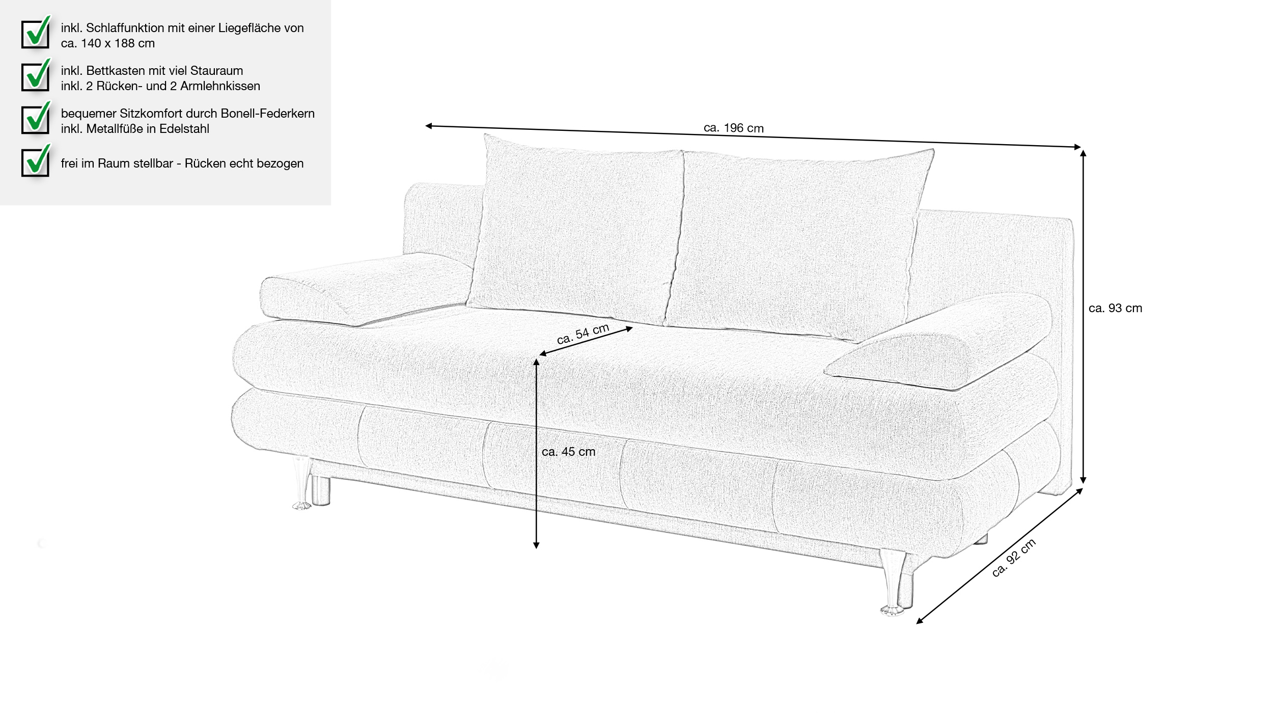 Schlafsofa taupe Bettkasten ausziehbar Federkern 196 cm - BENFELD