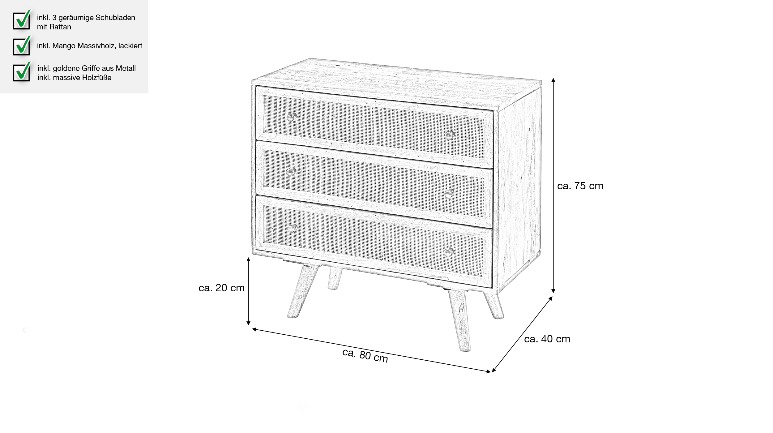 Kommode mit 3 Schubladen Mango massiv - Rattan 80 x 40 cm - RIKARD