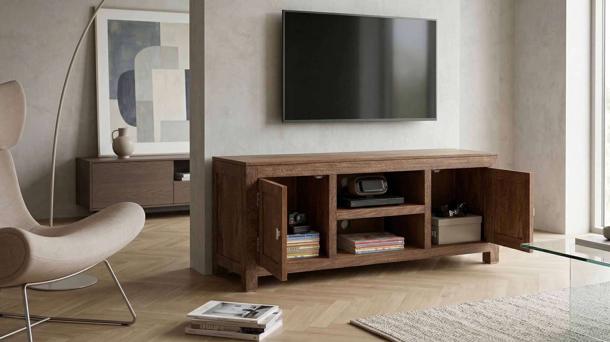 TV-Lowboard Mango massiv gebeizt montiert 145 cm - MANGALA