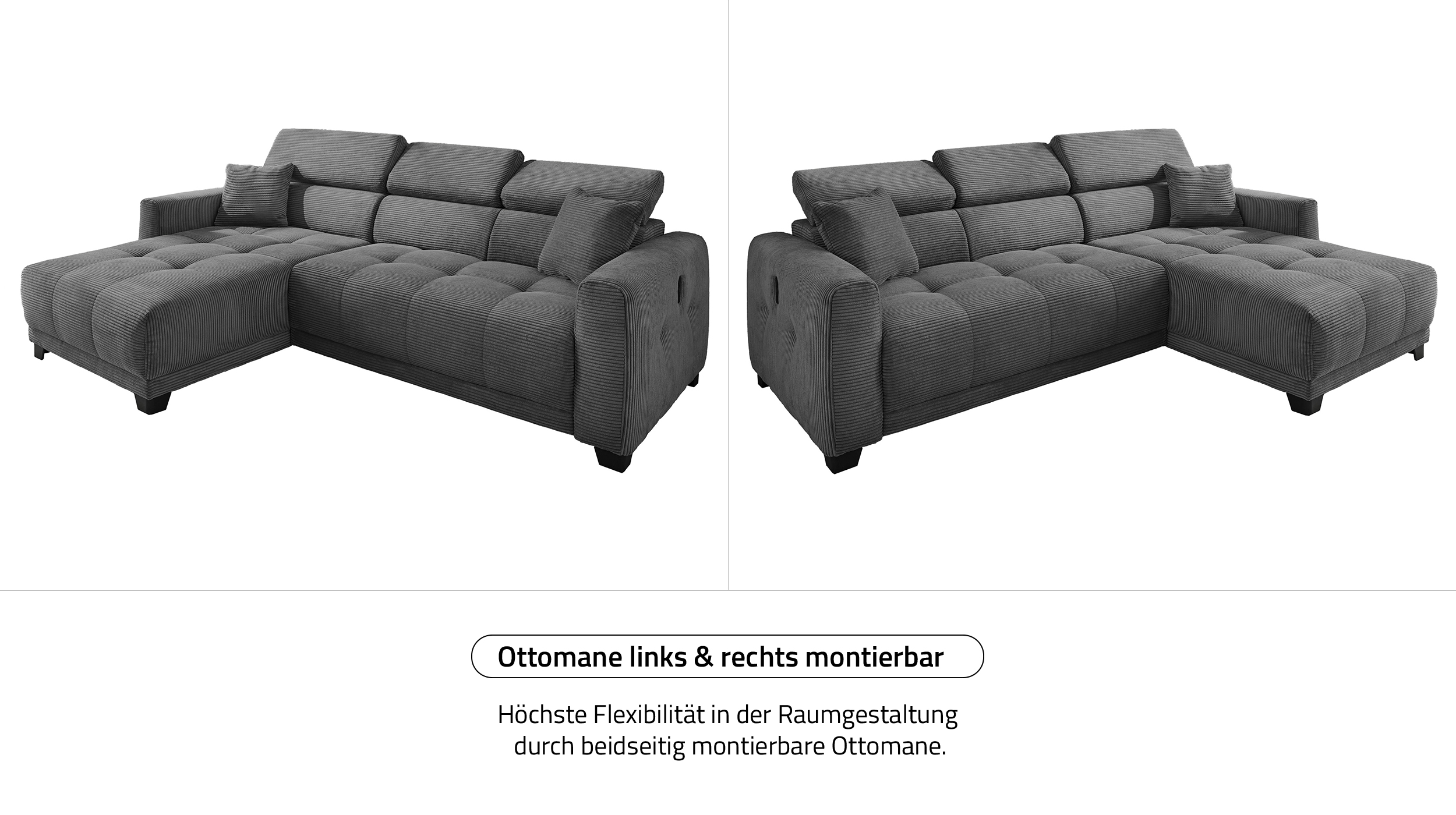 Ecksofa Cord grau 263 cm elektrisch ausfahrbar - CREMONA