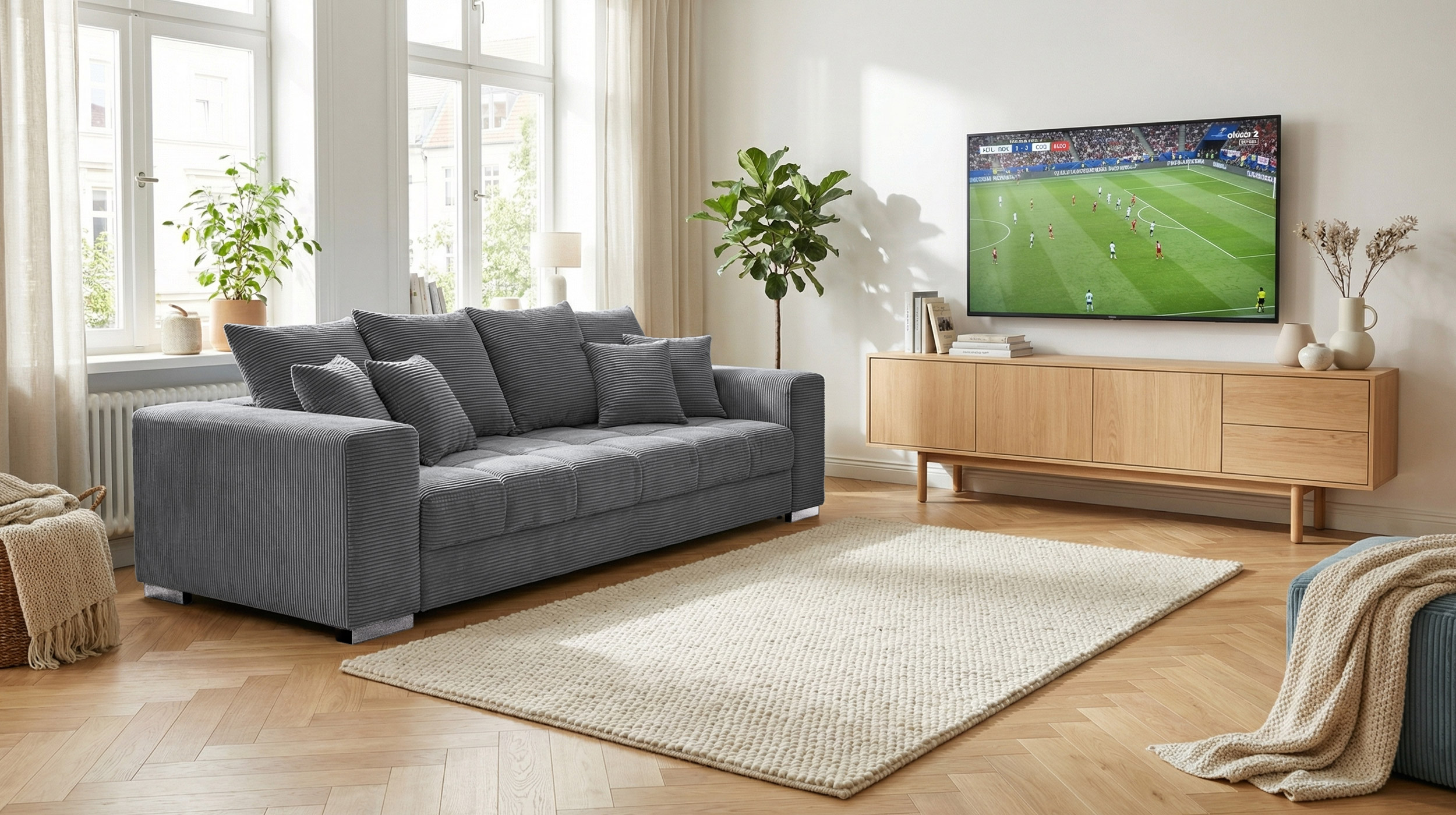 Big Sofa Cord grau - mit Nosagunterfederung - 254 cm - BORNEO