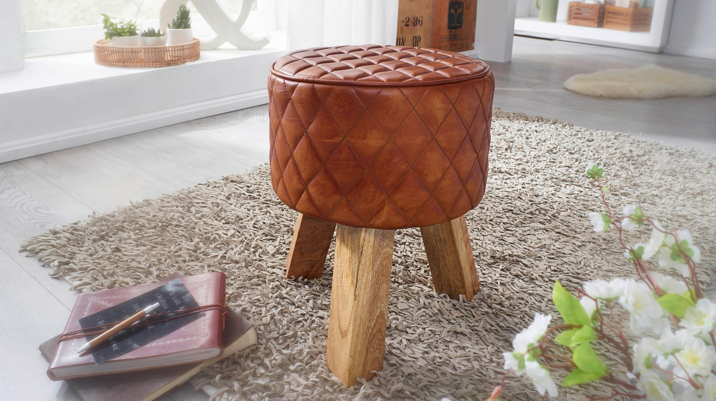 Sitz- & Fußhocker rund Echtleder braun - Mango massiv - RIST