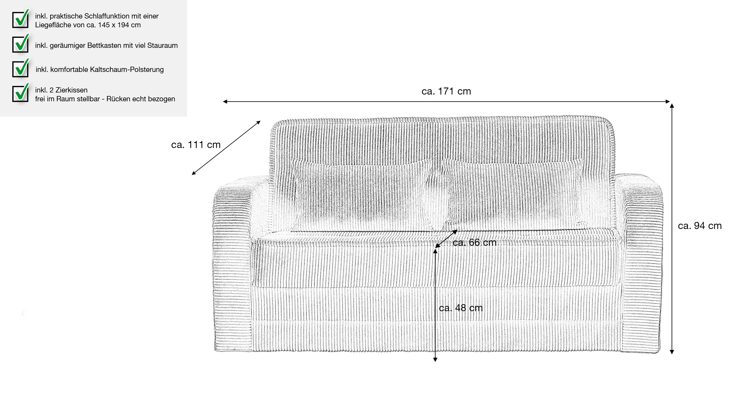Schlafsofa Cord anthrazit mit Bettkasten 171 cm - MOLERON