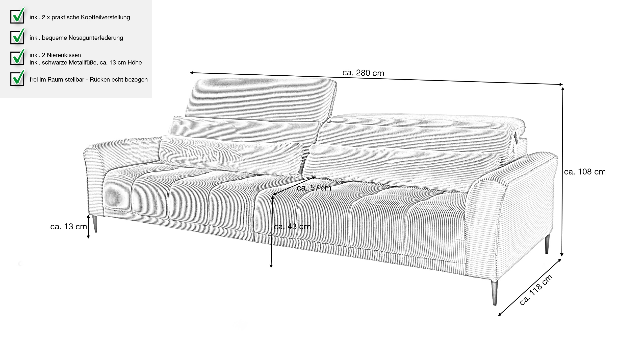 Big Sofa Cord rost 280 cm - mit Nosagunterfederung - LOGAN