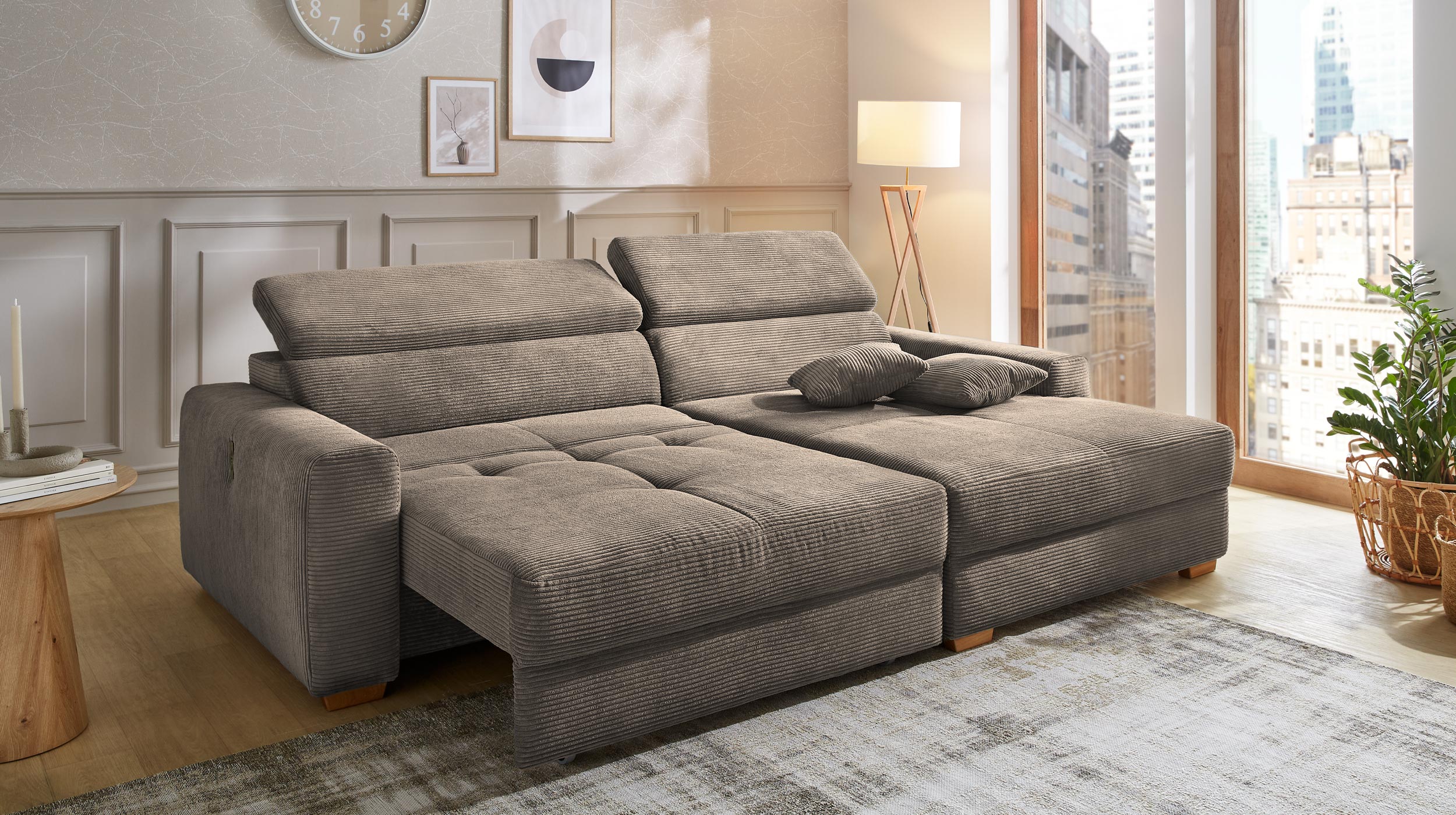 Ecksofa Cord taupe 277 x 187 cm mit Relaxfunktion - SLIDER
