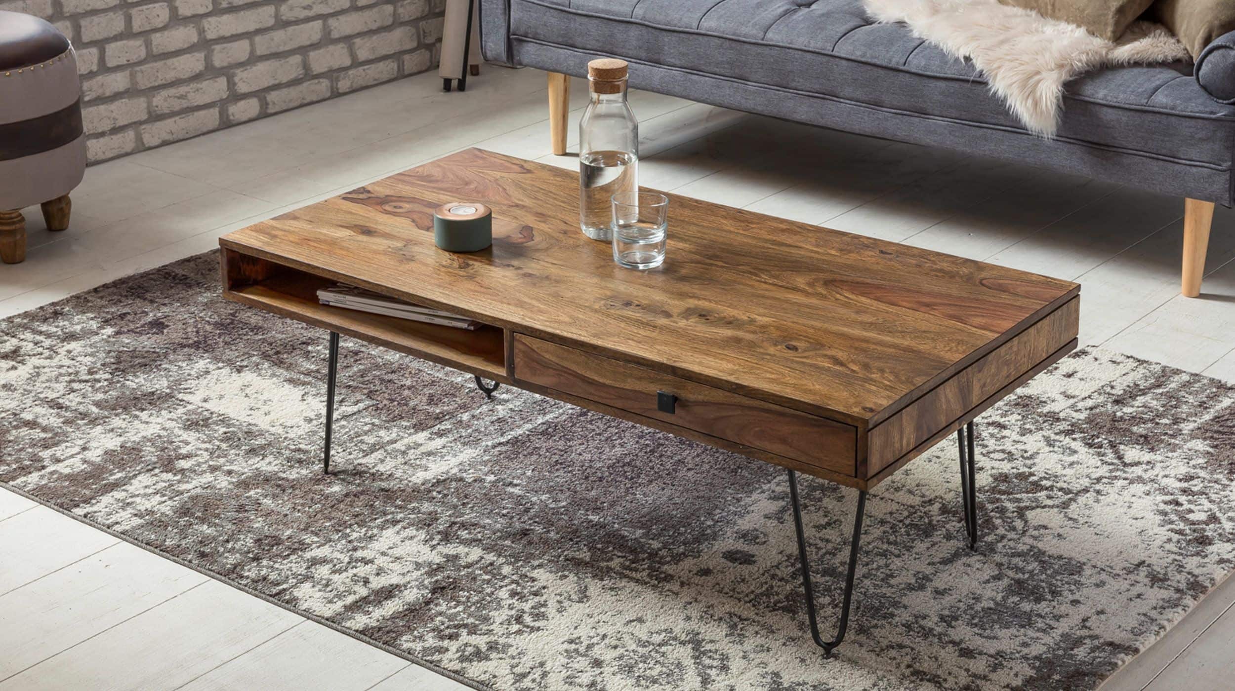 Couchtisch mit Schublade Sheesham massiv gebeizt 115 x 60 cm - BARBRO