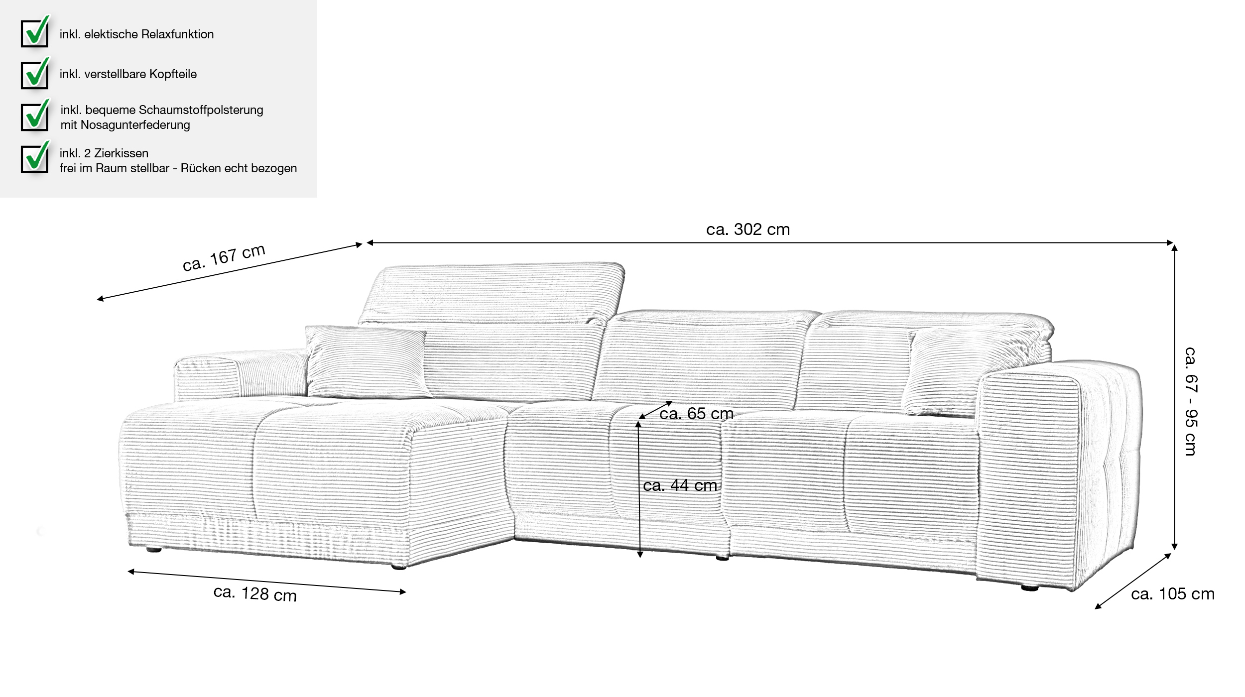 Ecksofa Cord rost 302 x 167 cm mit Relaxfunktion - OT links - TONI