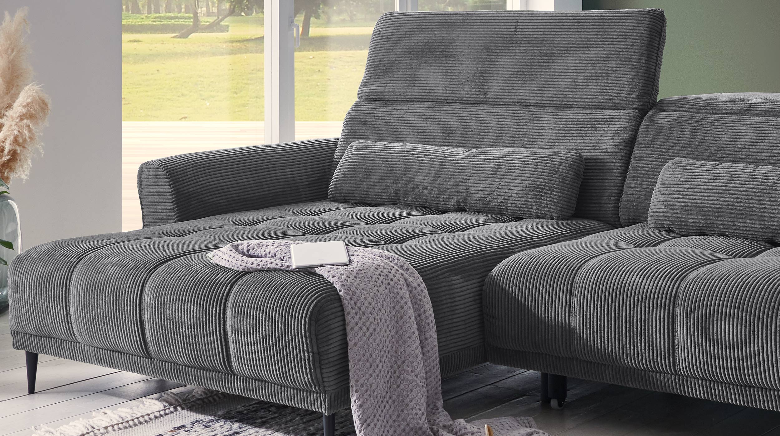 Ecksofa Cord grau ausziehbar - Sitztiefenverstellung - 277 cm - OT links - LOGAN