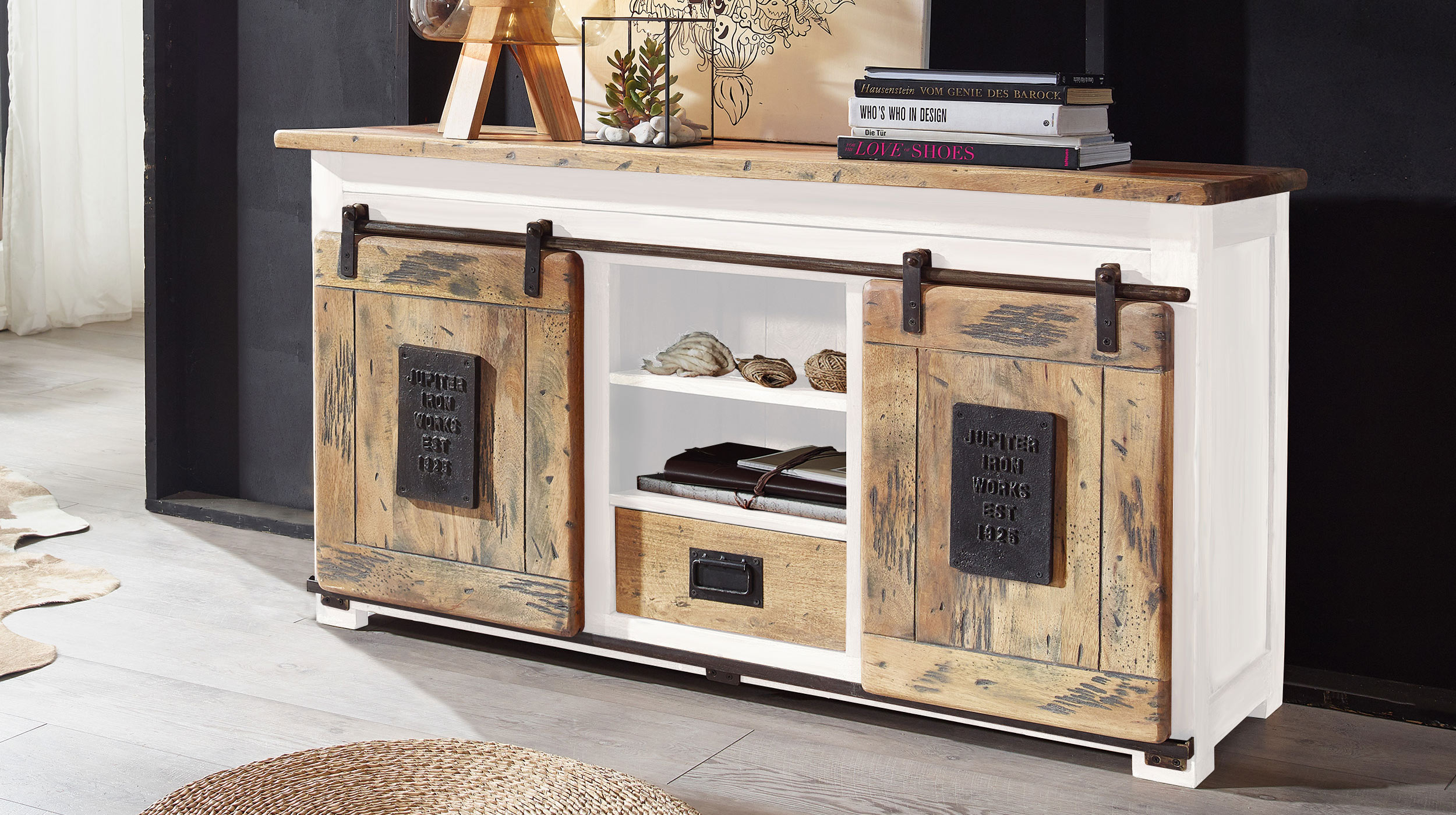 Sideboard 2 Rolltüren Massivholz Mango weiß 128 cm - EMANUEL